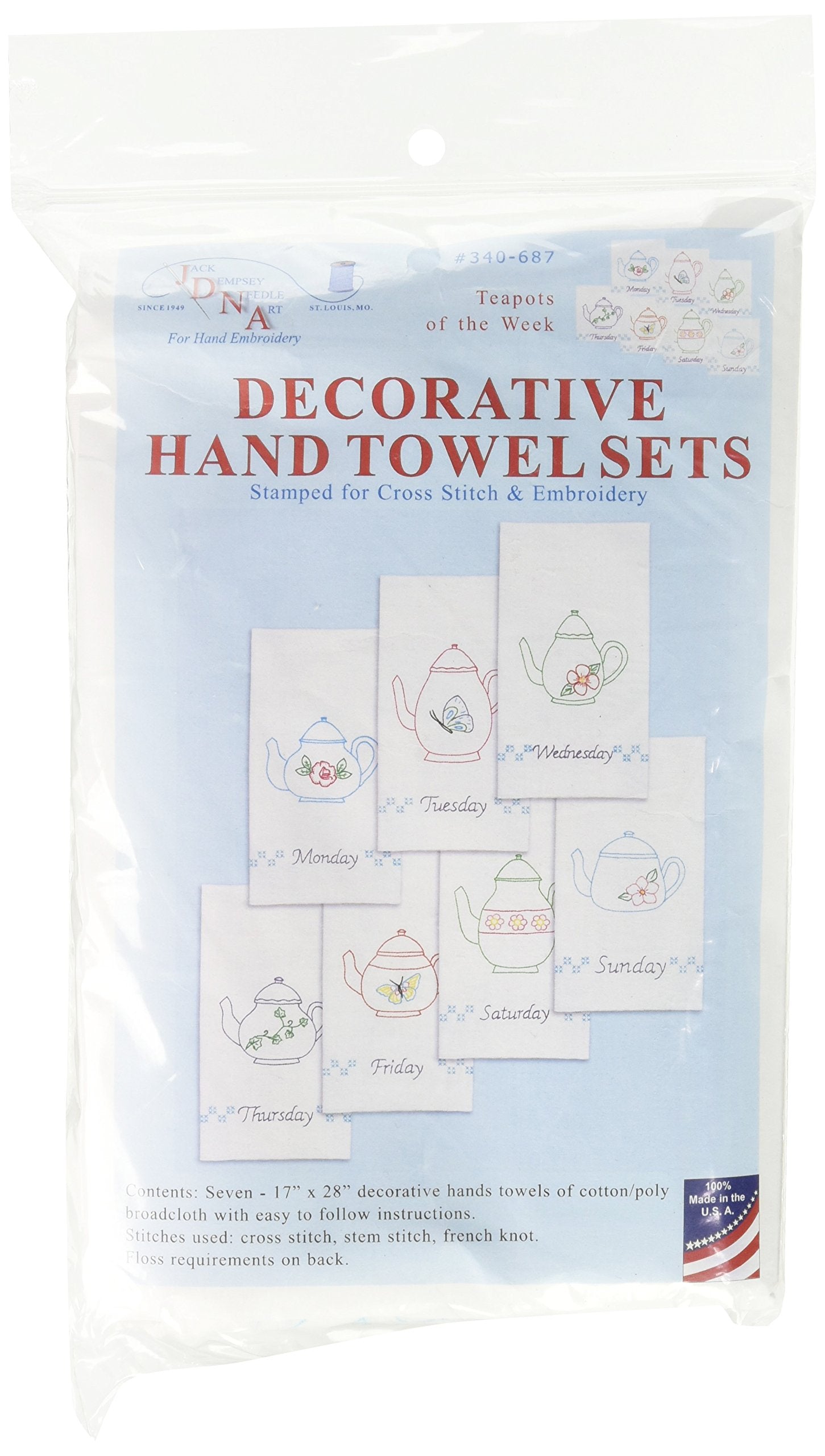 Jack Dempsey Needle Art Jack Dempsey 340-687 Stamped Decorative Hand Towels (Set of 7), 15'' x 30'',Teapots of The Week, White