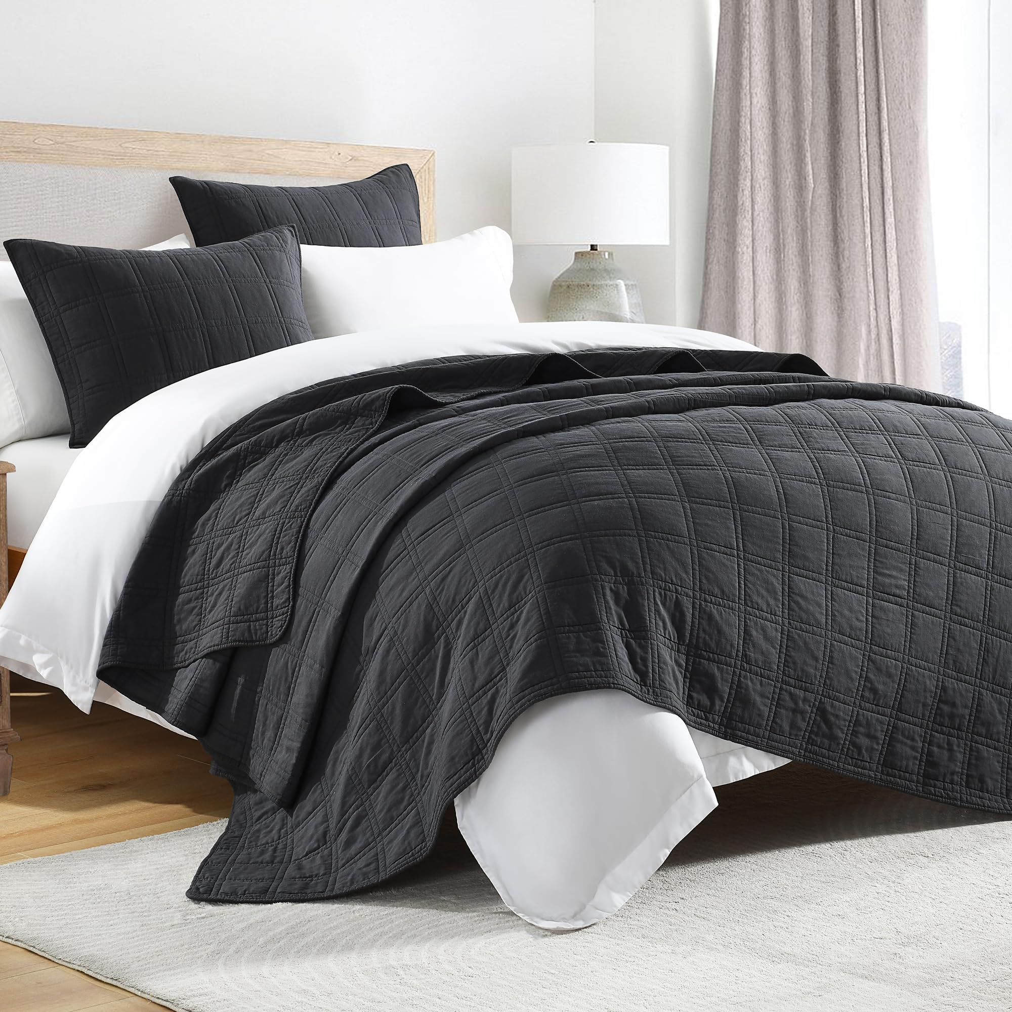 Horimote Home 100% Cotton Quilt Set King Size, Charcoal Pre-Washed Bedspreads Coverlet Set In Geometric Pattern, Cozy Lightweigh