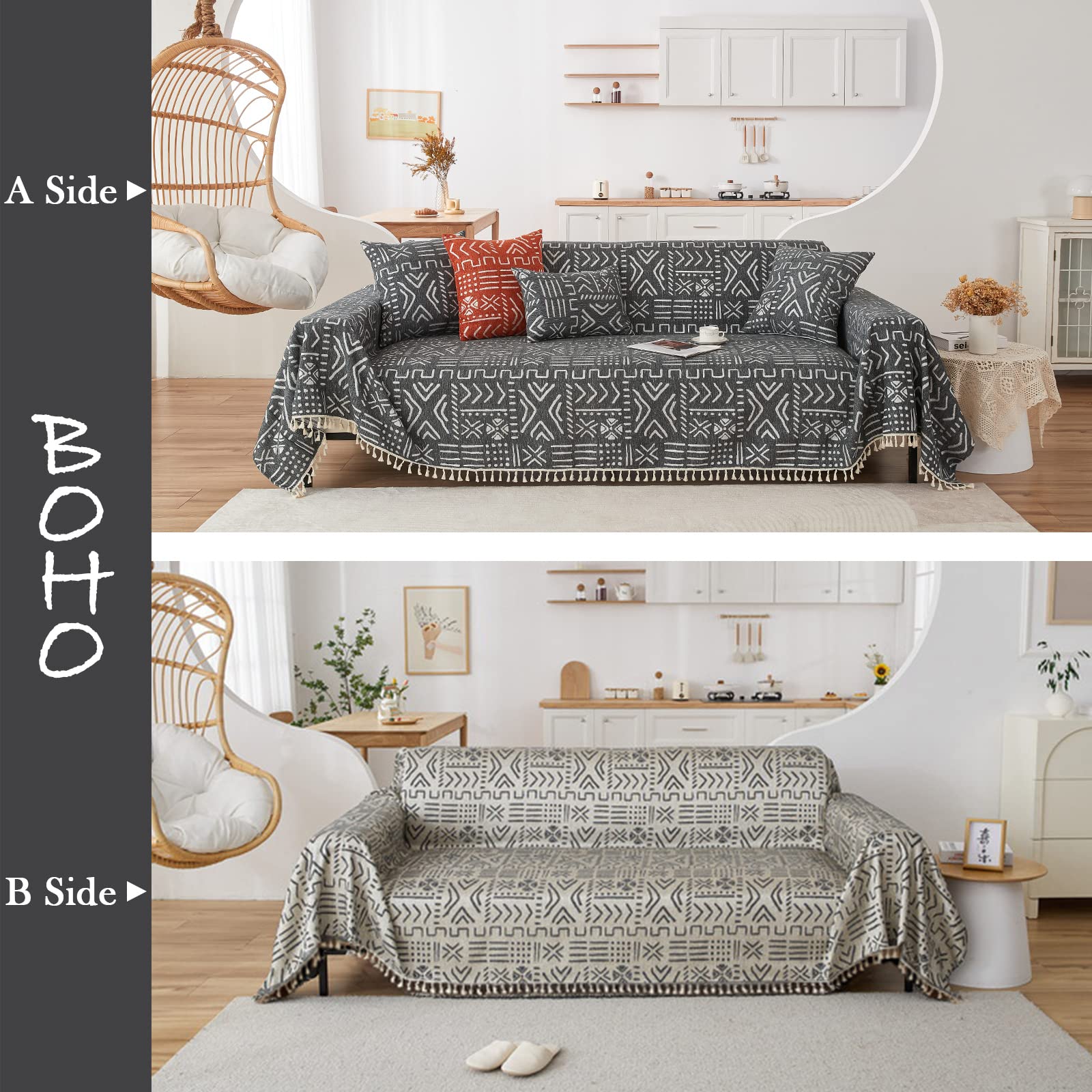 Handontime Black White Boho Sofa Cover Boho Geometric Couch Covers Tassel Farmhouse Dog Sofa Covers For Slipcover Aesthetic Couch Cushion Cover Couch Protector For Dogs Living Room Décor, 71' X150'