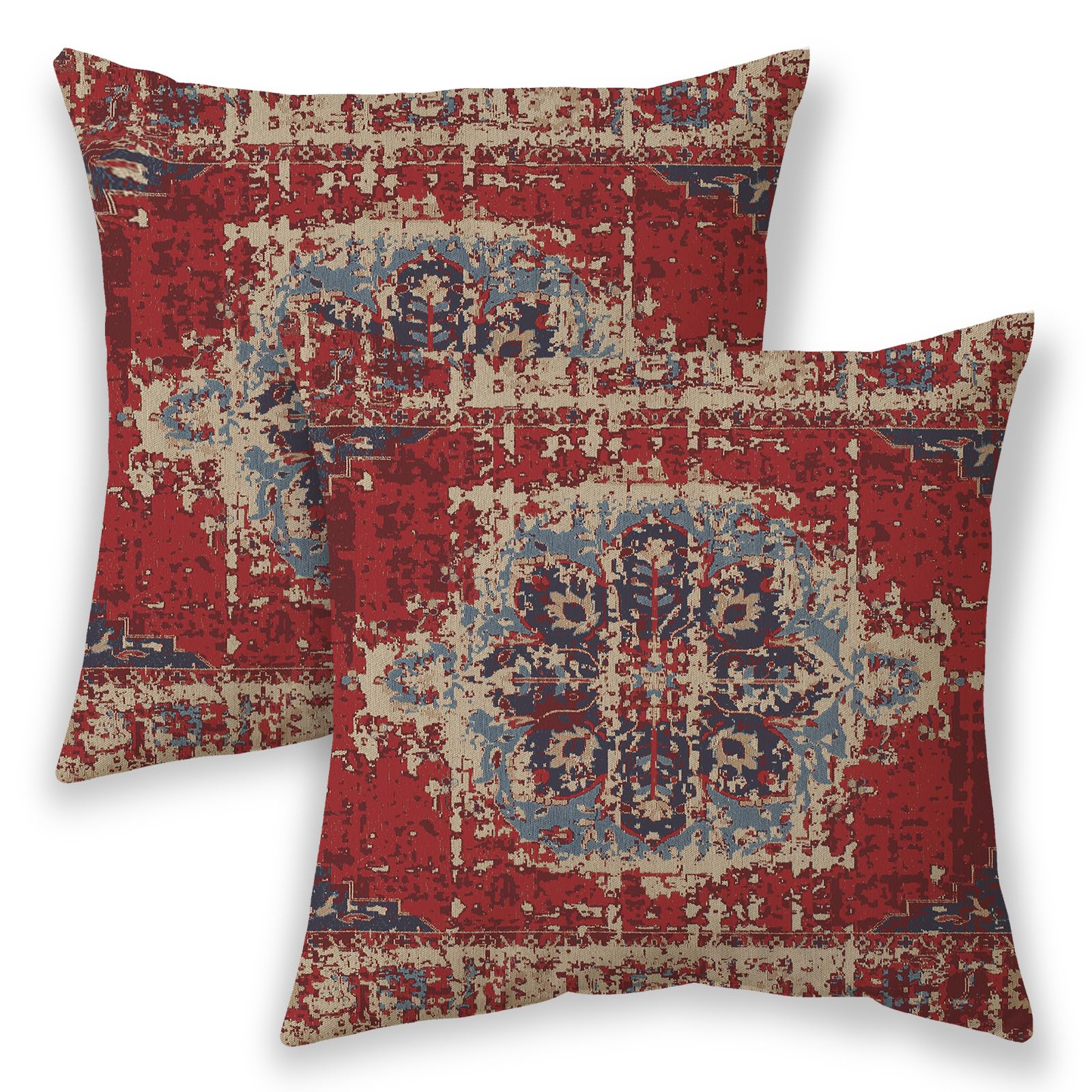 Betginy Boho Pillow Covers 20X20, Red Ethnic Design Outdoor Decorative Throw Pillows For Couch, Carpet Pattern Decor Cushion Cover 3 Pcs Farmhouse Linen Pillowcase For Bed Car Safa