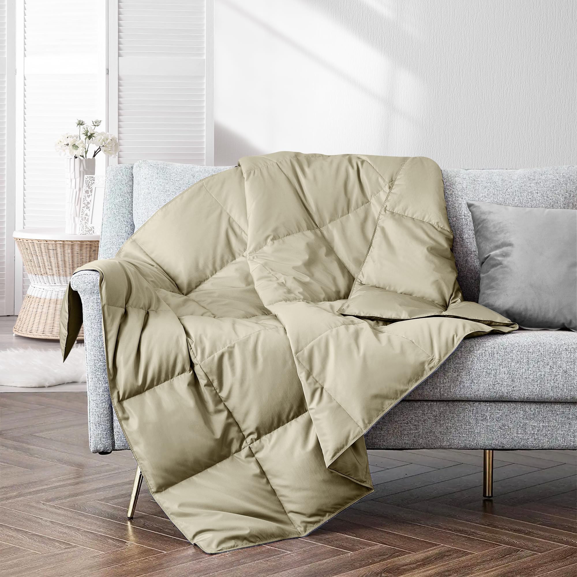 puredown Soft Feather Down Throw Blanket Lightweight Packable Couch Throw for Indoor and Outdoor Use, 50''X70'', Beige
