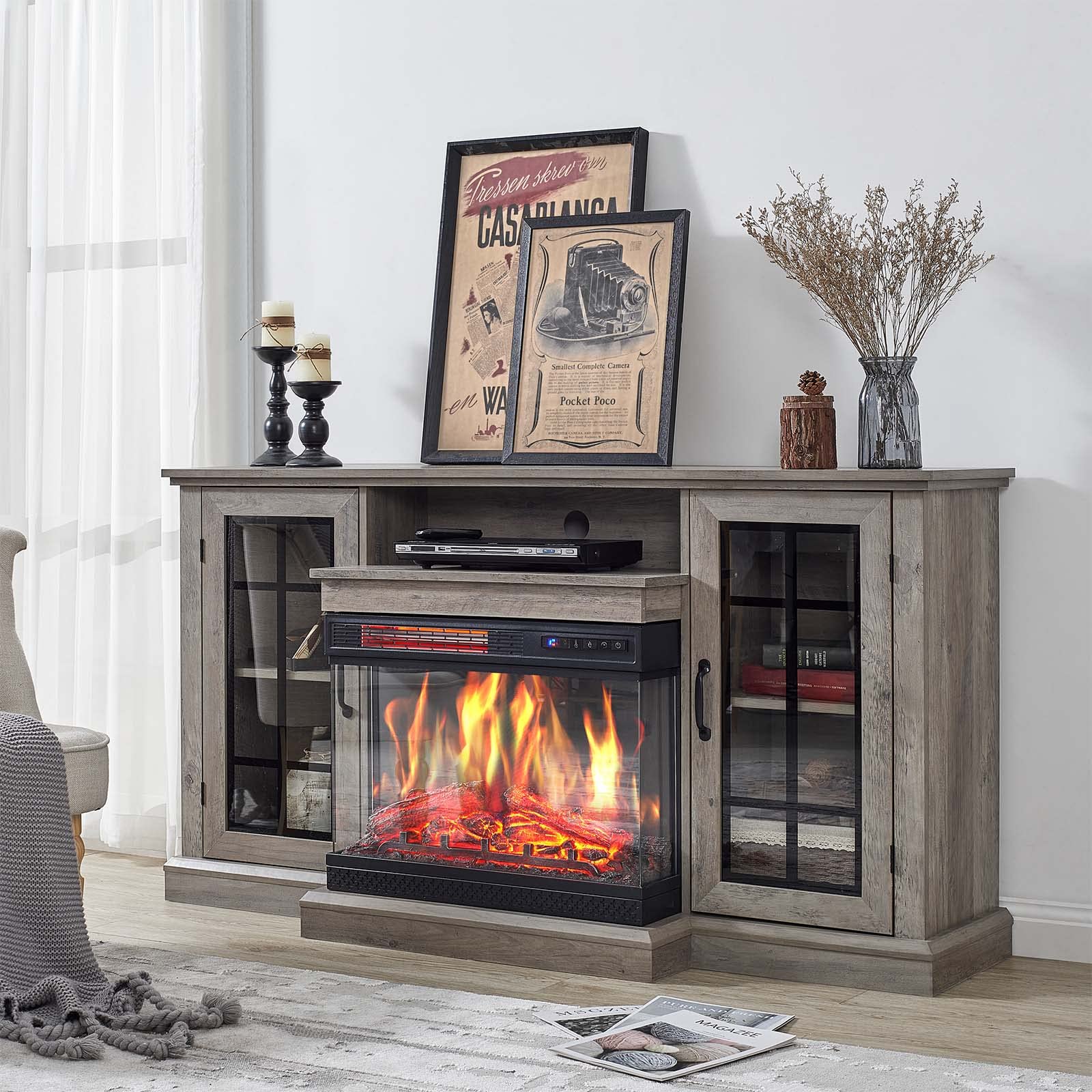 AMERLIFE 3-Sided Glass Fireplace TV Stand for TVs up to 65'' with 12 Color, Media Entertainment Center Console Table with Doors 