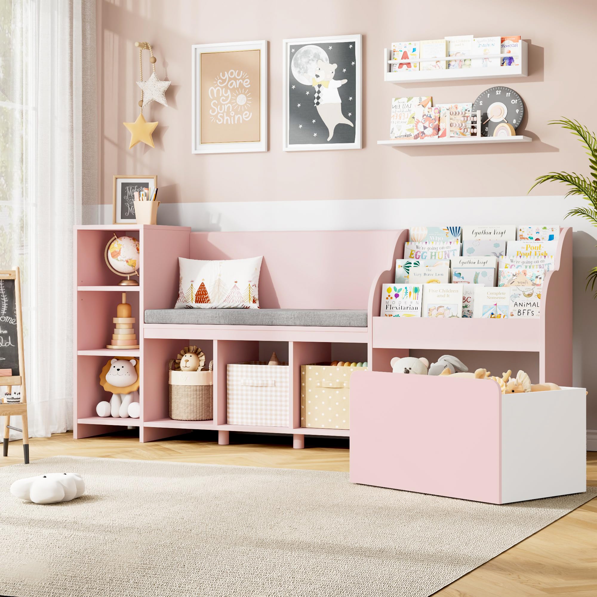 Hostack 67' Kids Reading Nook With Bench, Kids Bookshelf And Bookcase With Seat Cushion And 6 Storage Cubbies, Toy Storage Box On Wheels, Toy Chest For Playroom, Bedroom, School, Pink