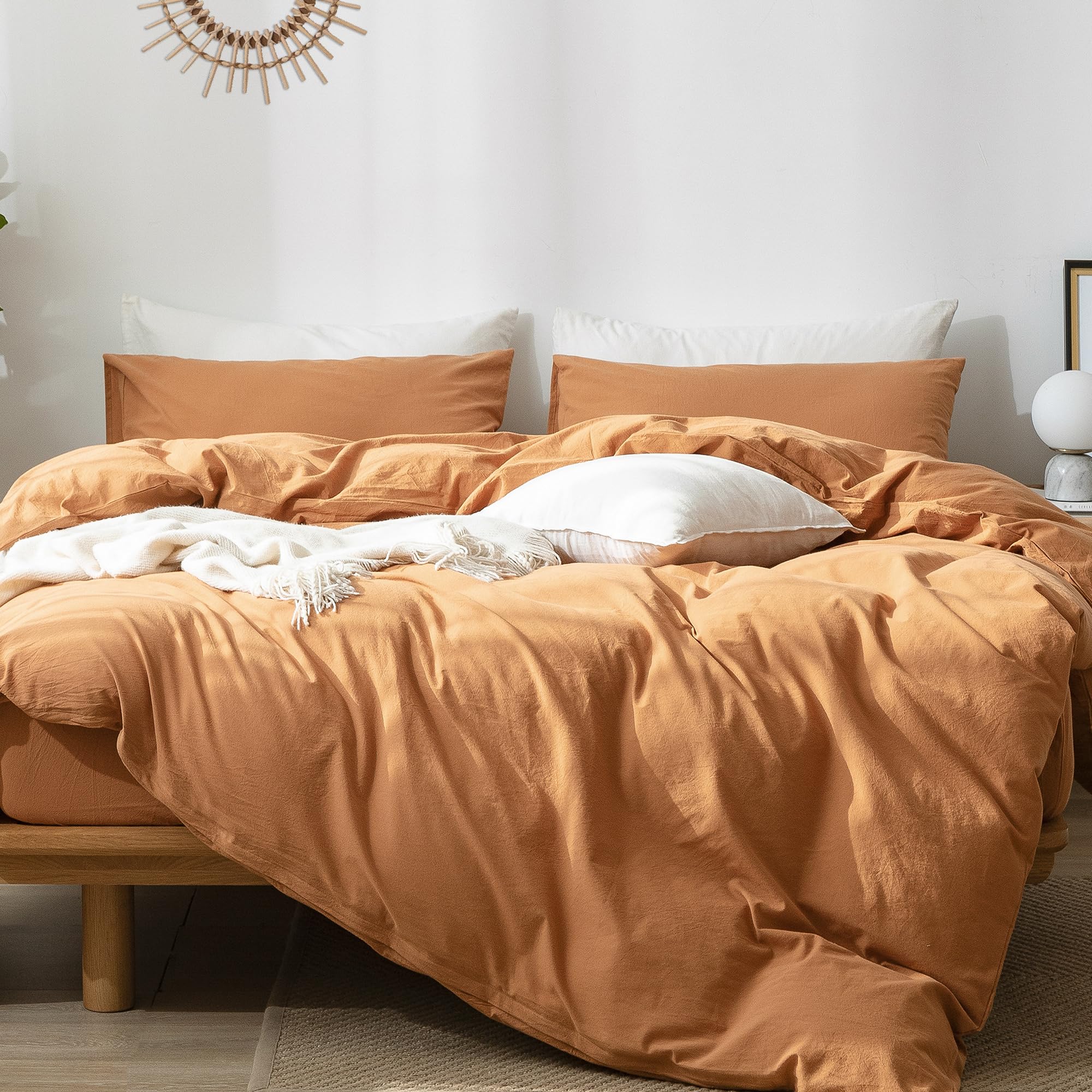 Moomee Bedding Duvet Cover Set 100% Washed Cotton Linen Like Textured Breathable Durable Soft Comfy (Burnt Orange, Oversized Que