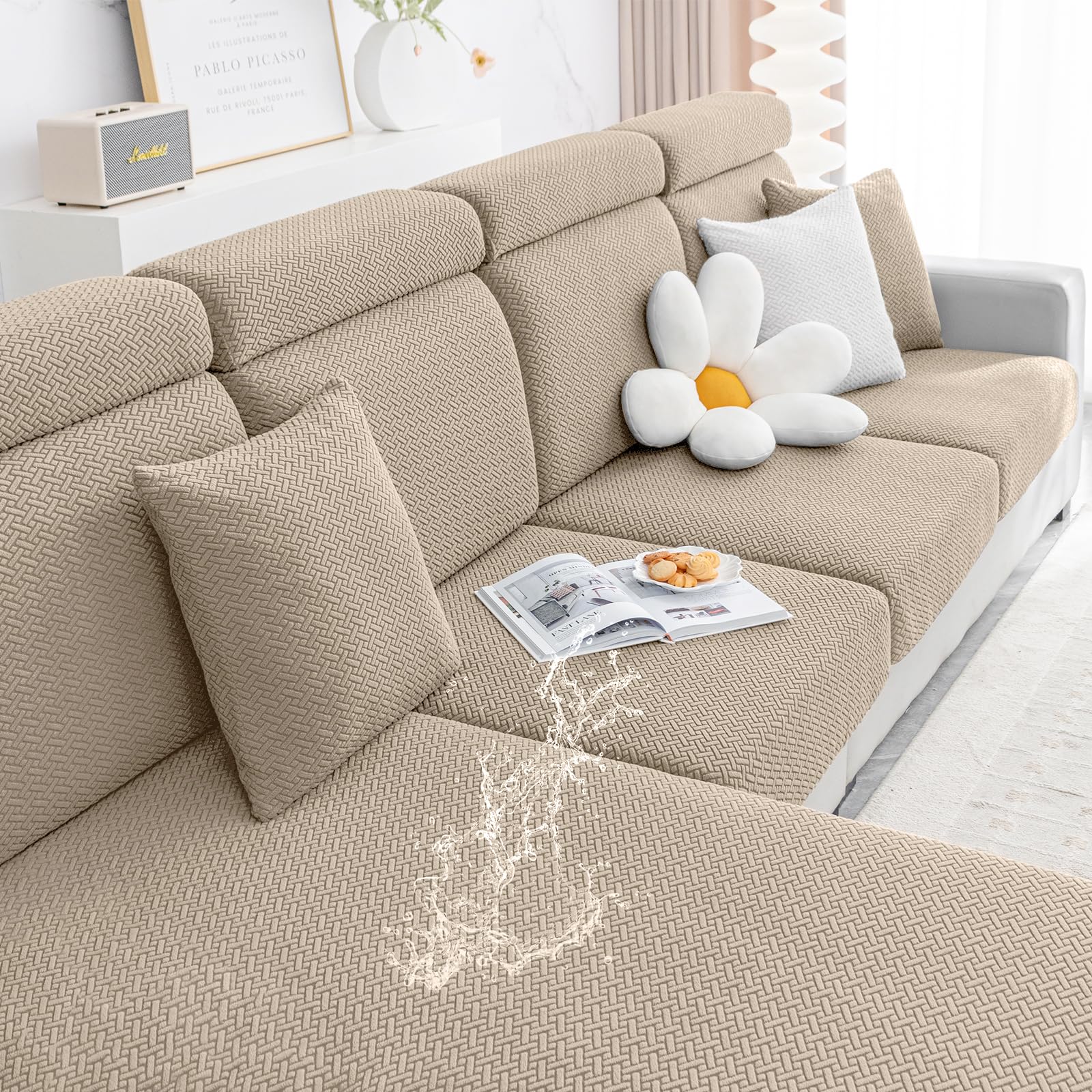 Smiry Waterproof Couch Cushion Covers, Stretch Jacquard Thick Sofa Cushion Covers, Washable Seat Cover Slipcover Elastic Furniture Protector For Pets, Kid (2Pc, Camel)