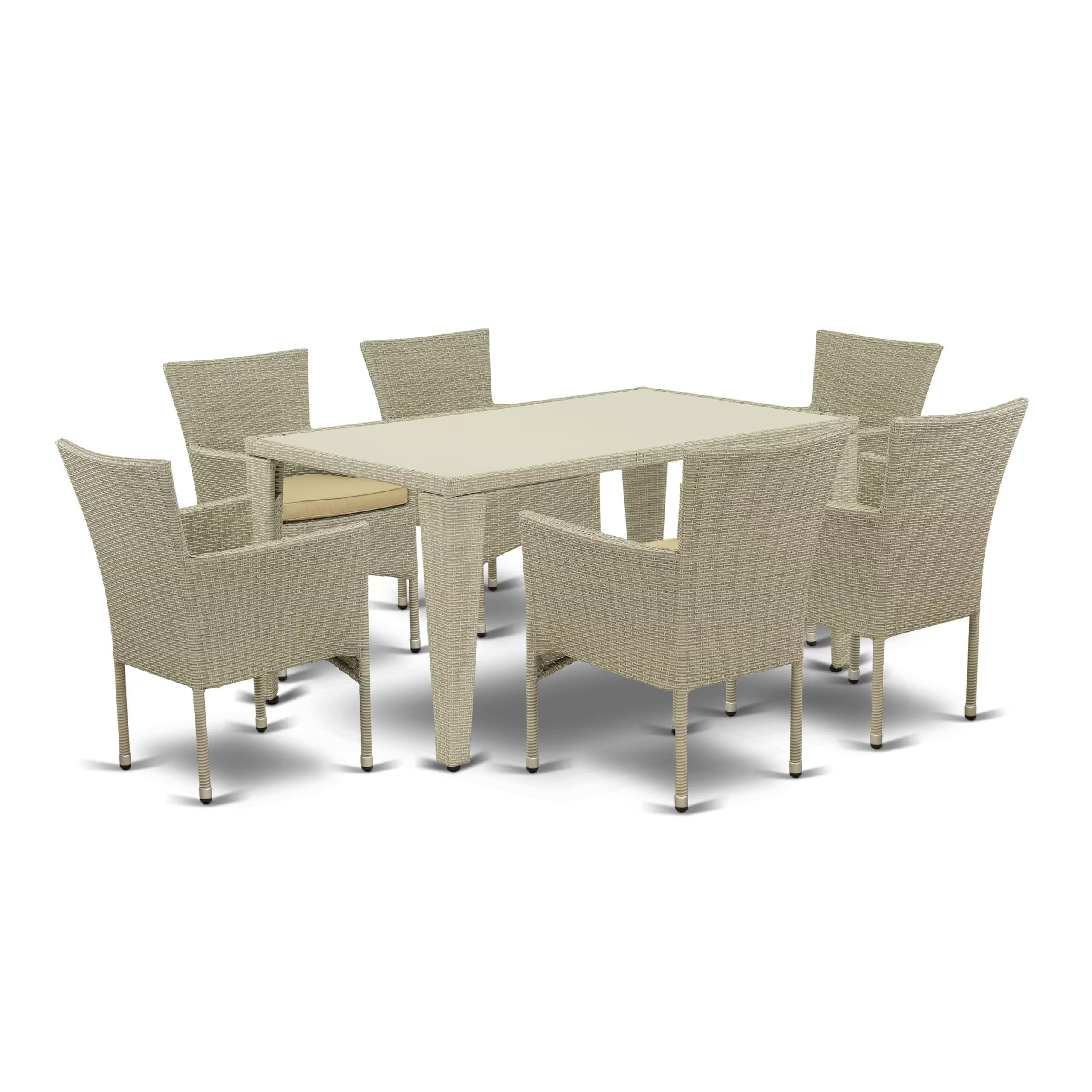 East West Furniture Gubk7-03A Gudhjem 7 Piece Outdoor Patio Conversation Sets Consist Of A Rectangle Wicker Dining Table With Glass Top And 6 Backyard Armchair With Cushion, 36X60 Inch, Natural Linen