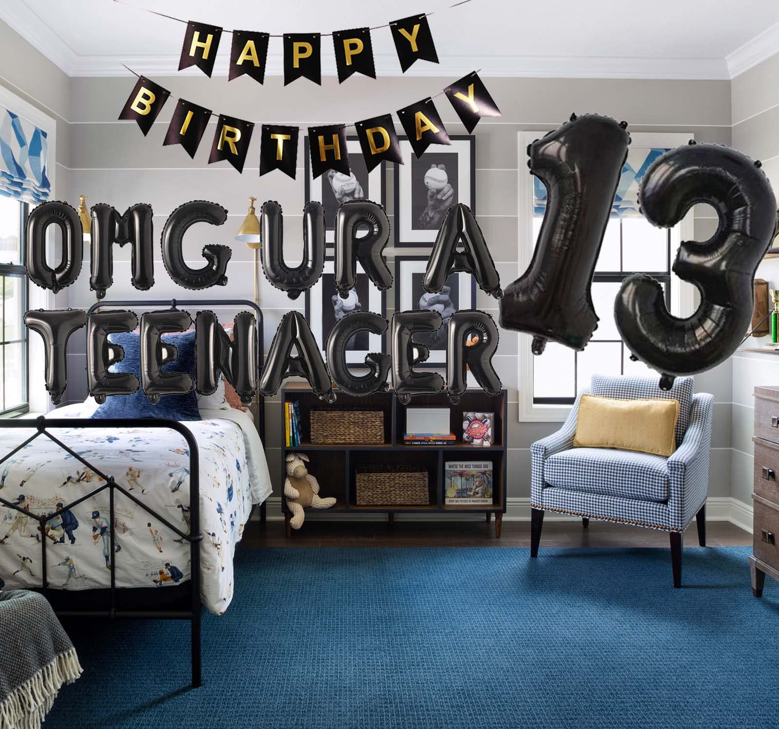 JumDaQQ 13th Birthday Party Decorations OMG Ur A Teenager Foil Balloon Banner Black