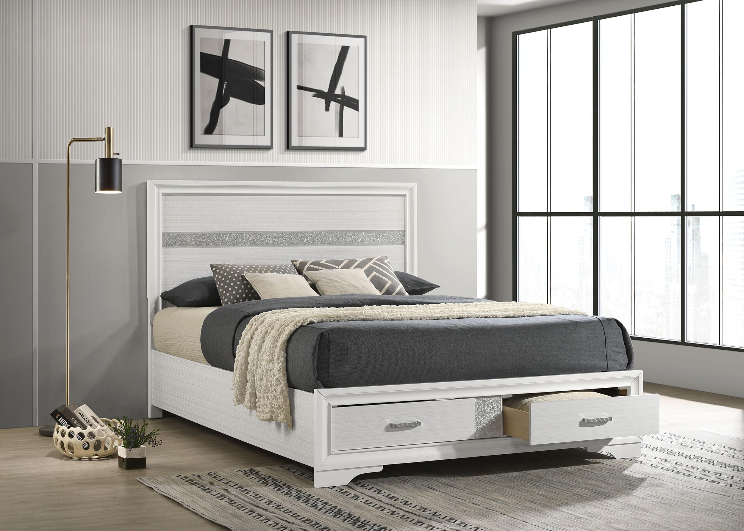 Coaster Home Furnishings Miranda Contemporary Wood Queen Size Storage Panel Bed Frame 50-inch Headboard White 205111Q