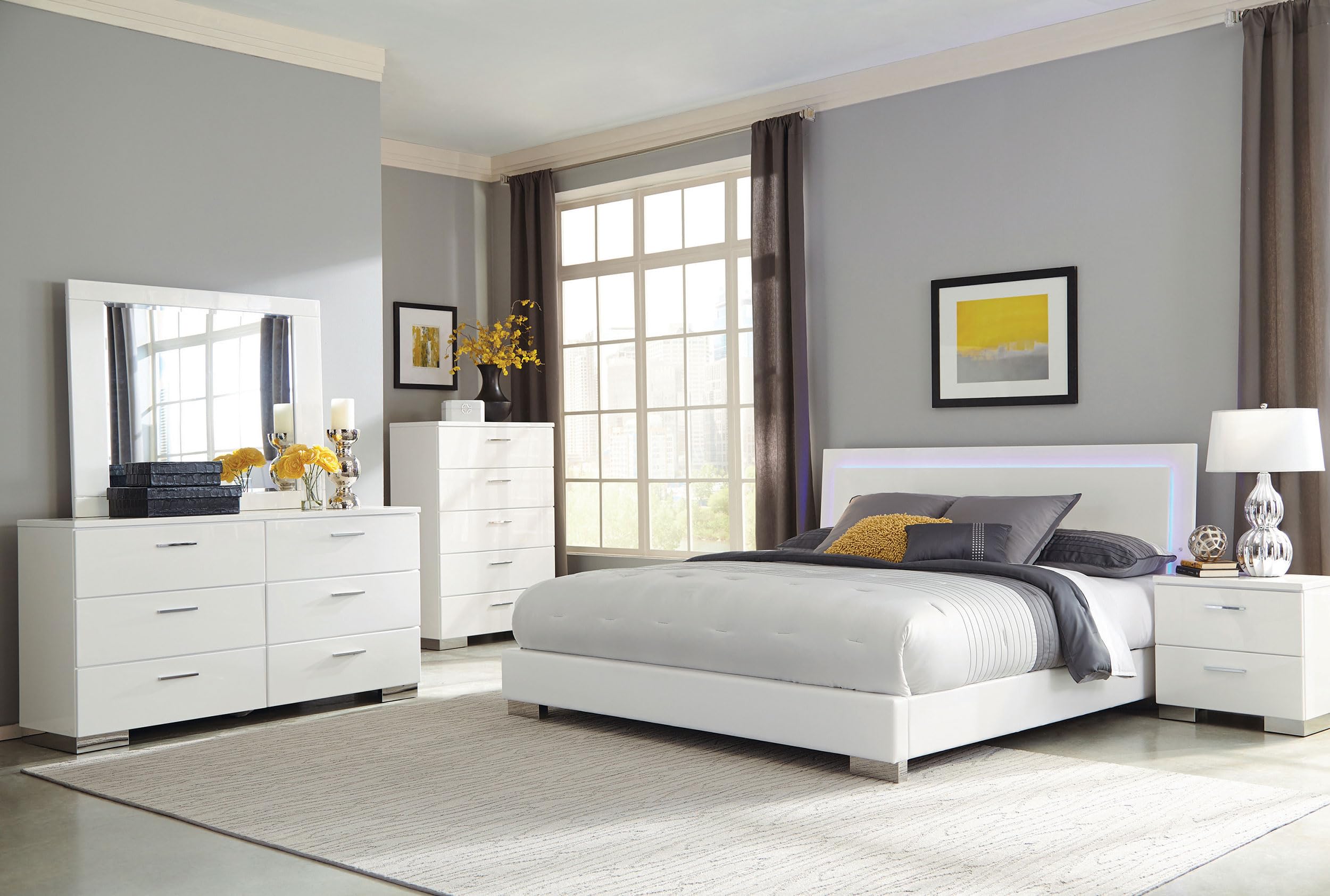 Coaster Home Furnishings Felicity Contemporary 6-Piece Bedroom Set Queen Size LED Panel Bed Frame 49-inch Headboard White High Gloss 203500Q-S6