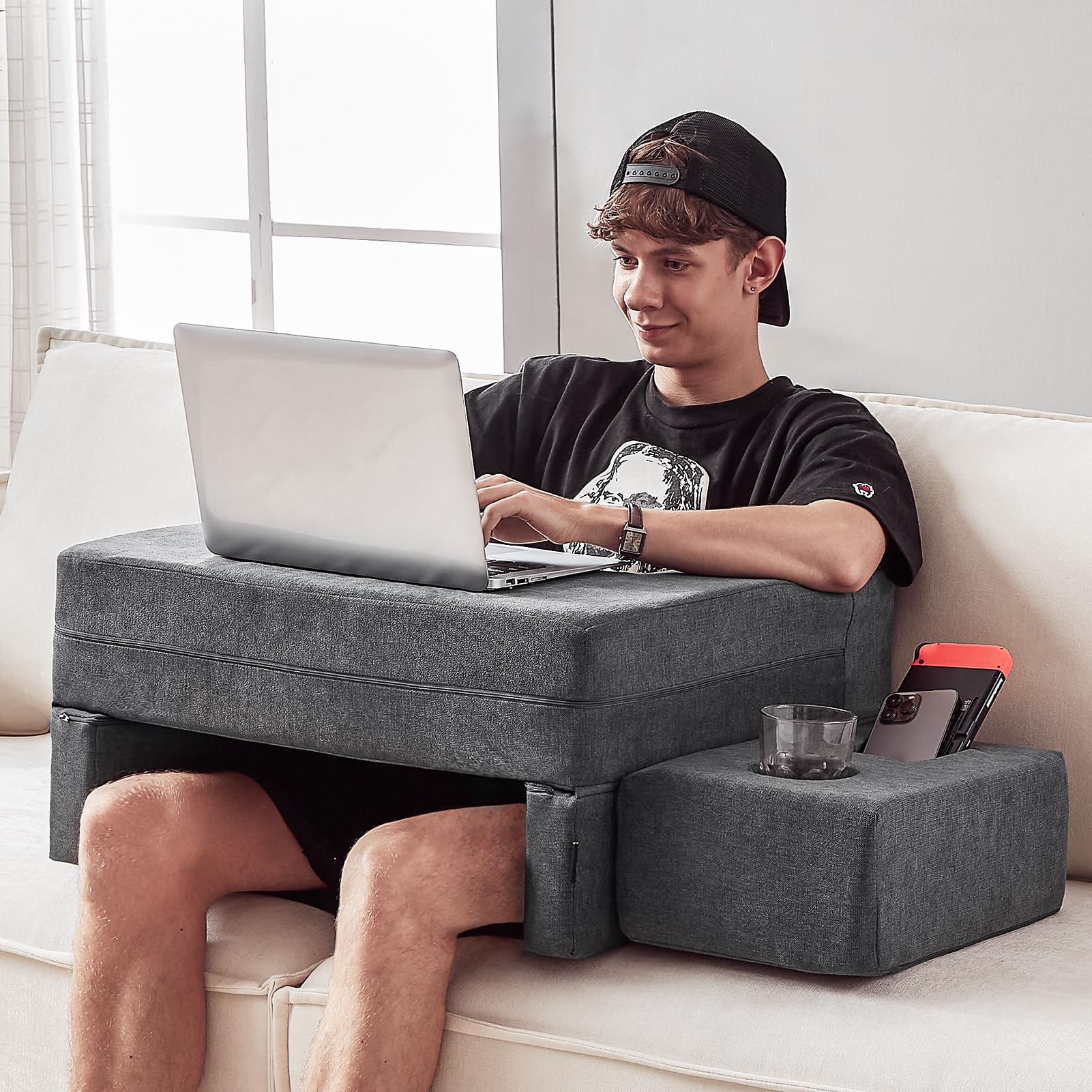 comehealthy Lap Desk Pillow for Laptop, Large Reading Pillow for Adult, Arm Rest Pillow with Cup Holder, Memory Foam Bed Desk fo