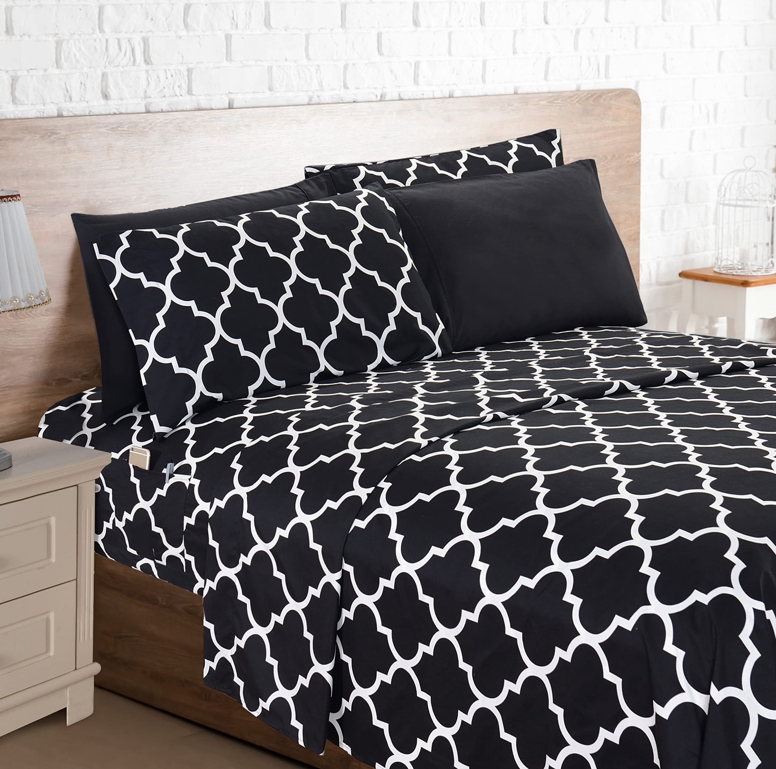 Elegant Comfort 4-Piece Moroccan Trellis Print Sheet Set, Super Cozy, Fade And Wrinkle Resistant, 1500 Premium Hotel Quality Microfiber, Deep Pocket Fitted Sheet With Smart Pockets, Twin, Black