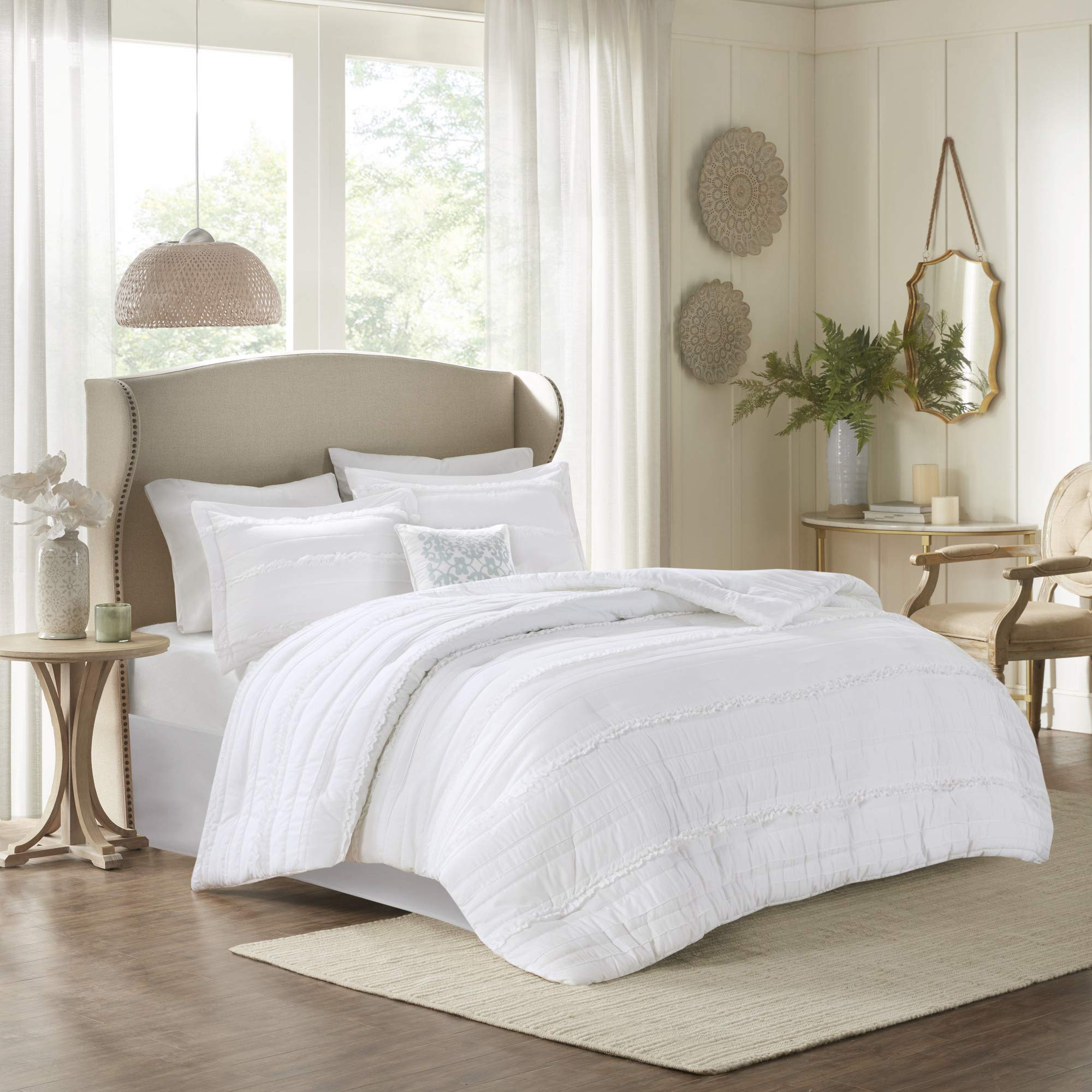 Madison Park Celeste Comforter Set-Textured Luxury Design All Season Down Alternative Bedding, Matching Sham, Decorative Pillows, King(104'X92'), White 5 Piece