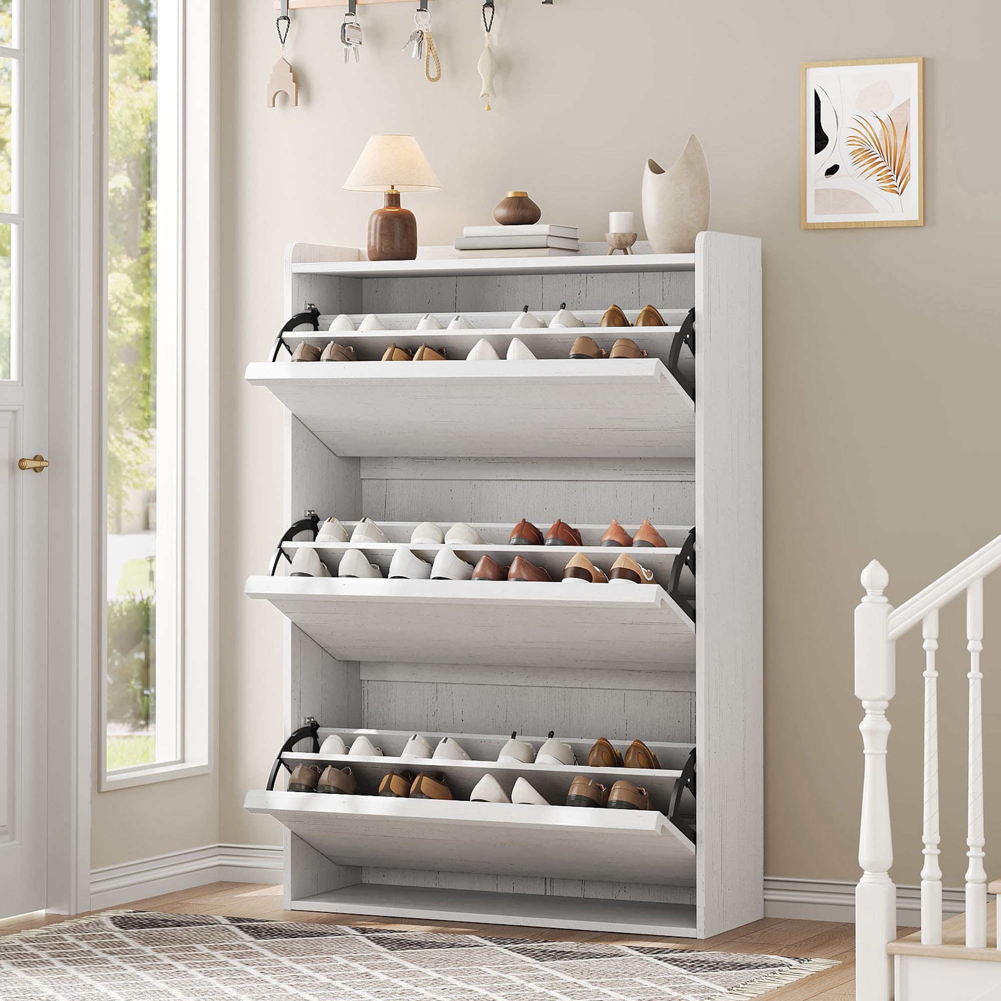GarveeHome Shoe Cabinet with 3 Flip Drawers, Wooden Shoe Organizer with Adjustable Shelf, Shoe Storage for Entryway, Hidden Shoe