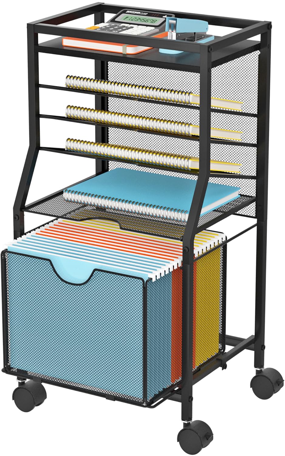 Bohdk Rolling File Cart, 6-Tier Under Desk Organizer On Lockable Wheels, Black Wood Planks & Mesh File Cart With Sliding Drawer
