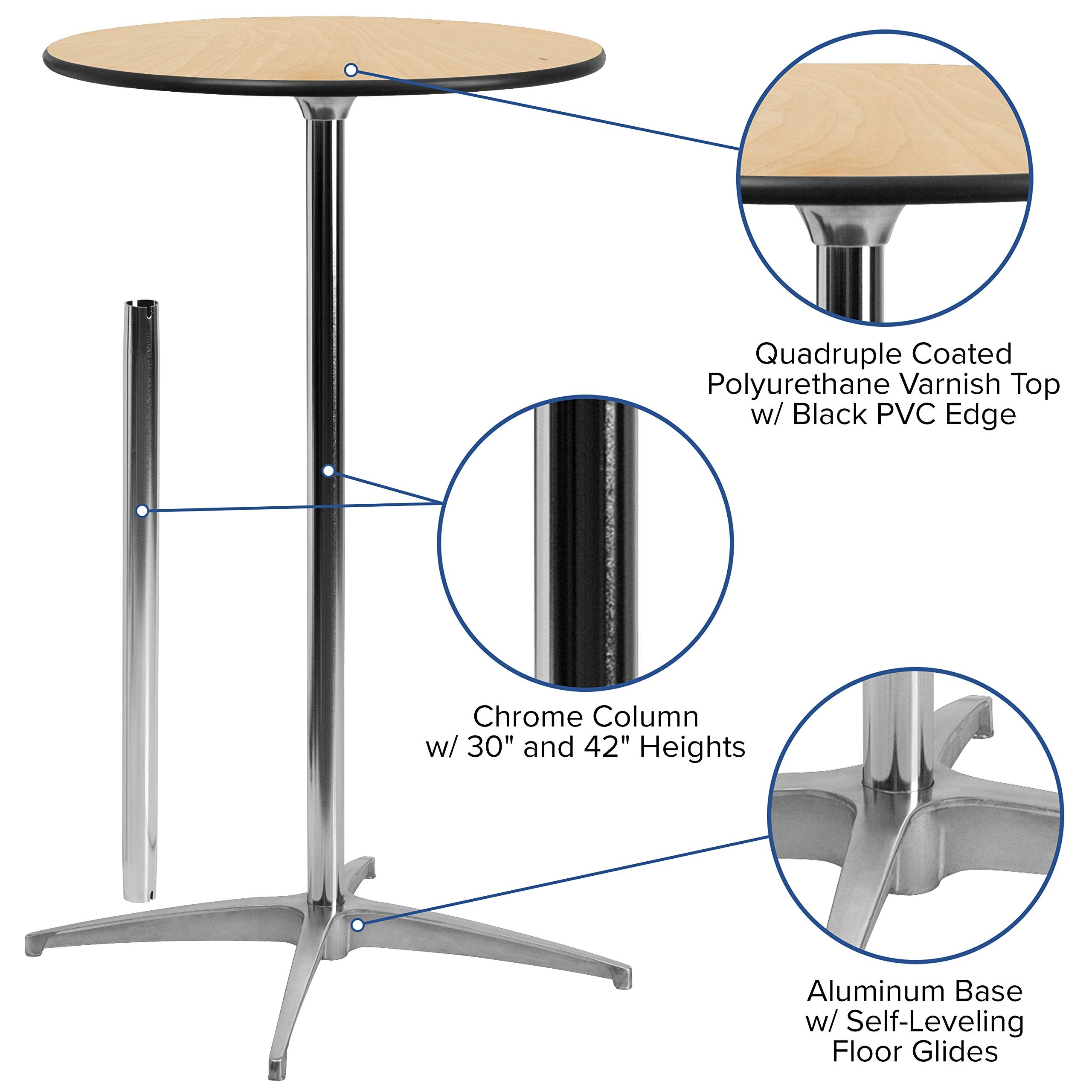 Flash Furniture Lars 30'' Round Wood Cocktail Table with 30'' and 42'' Columns, Adjustable Wood Bar Height Table for Events or Home Use, Natural