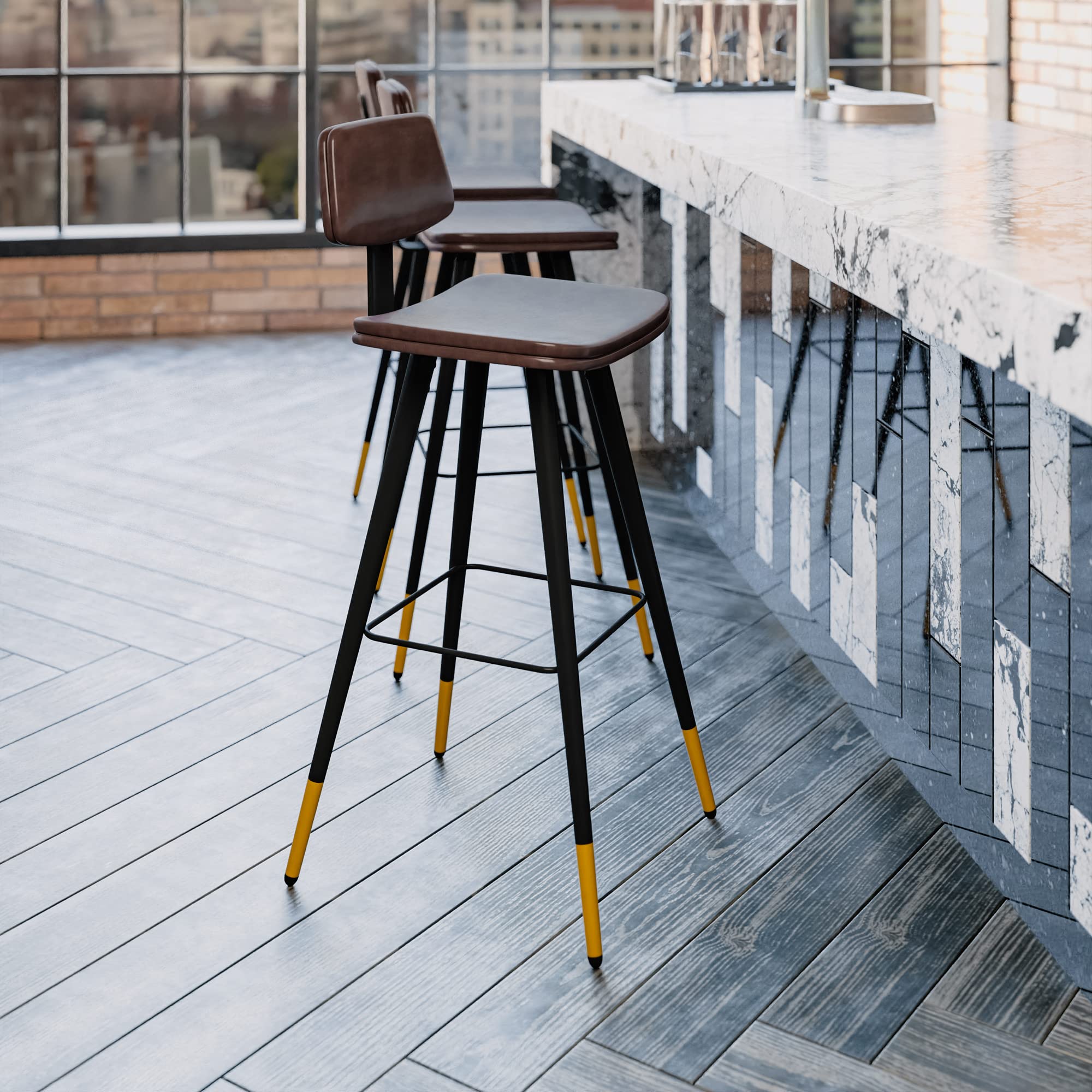 Flash Furniture Kora Commercial Grade Low Back Barstools-Brown LeatherSoft Upholstery-Black Iron Frame-Integrated Footrest-Gold Tipped Legs-Set of 2