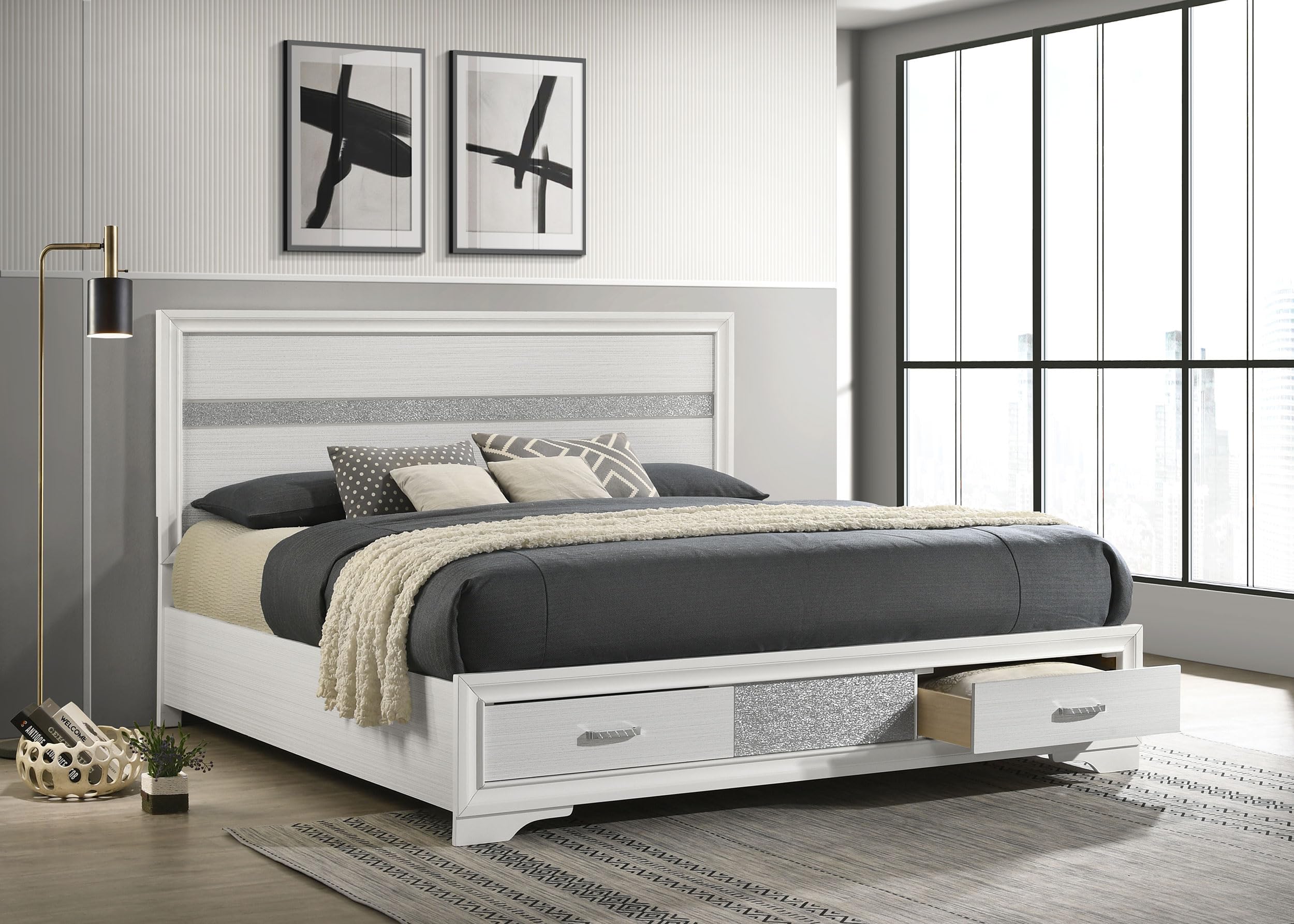 Coaster Home Furnishings Miranda Contemporary Wood Eastern King Size Storage Panel Bed Frame 50-inch Headboard White 205111KE