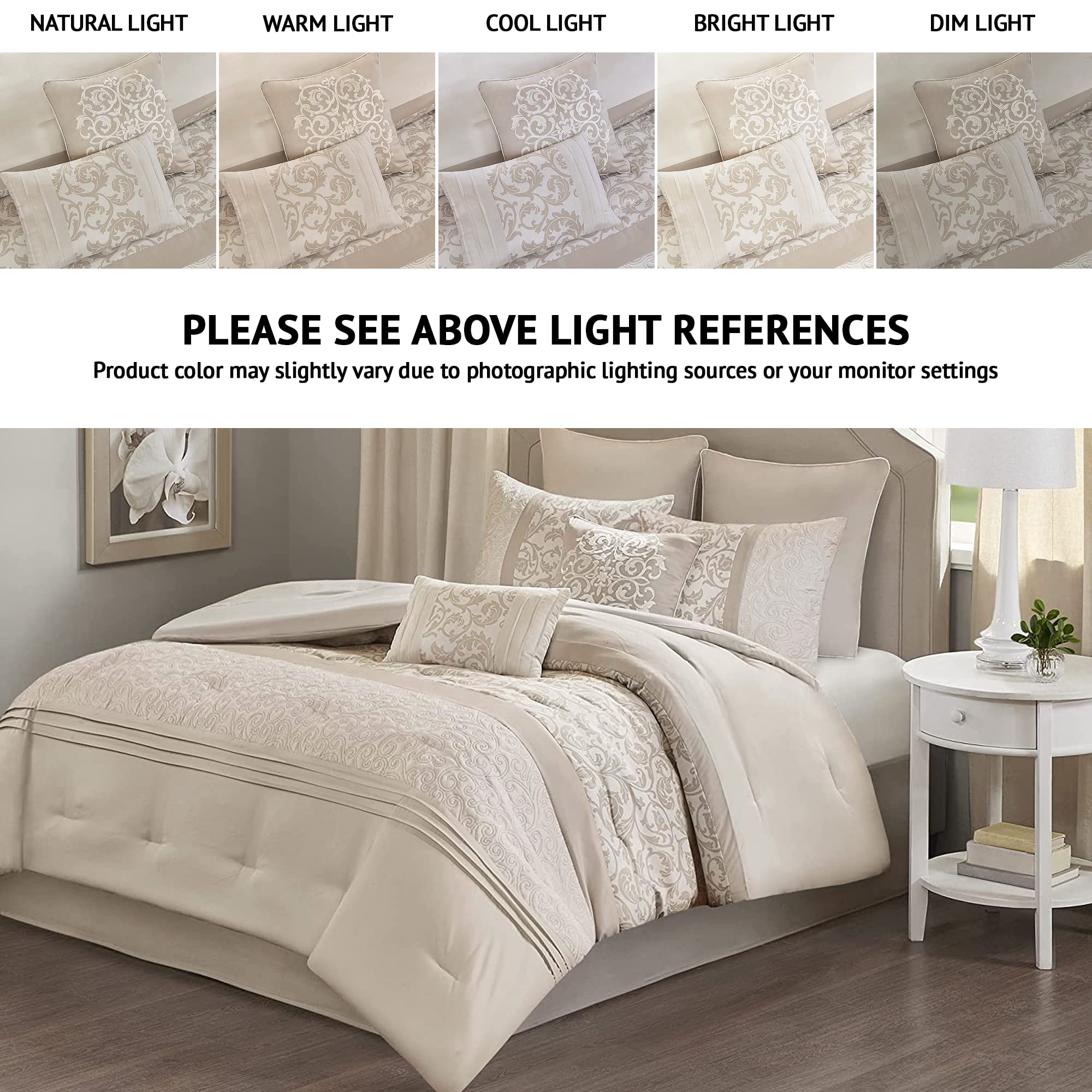 510 Design Luxe Quilted Comforter Set Modern Transitional Design, All Season Down Alternative Warm Bedding Matching Shams, Bedskirt, Decorative Pillow, Cal King, Ramsey Damask Neutral