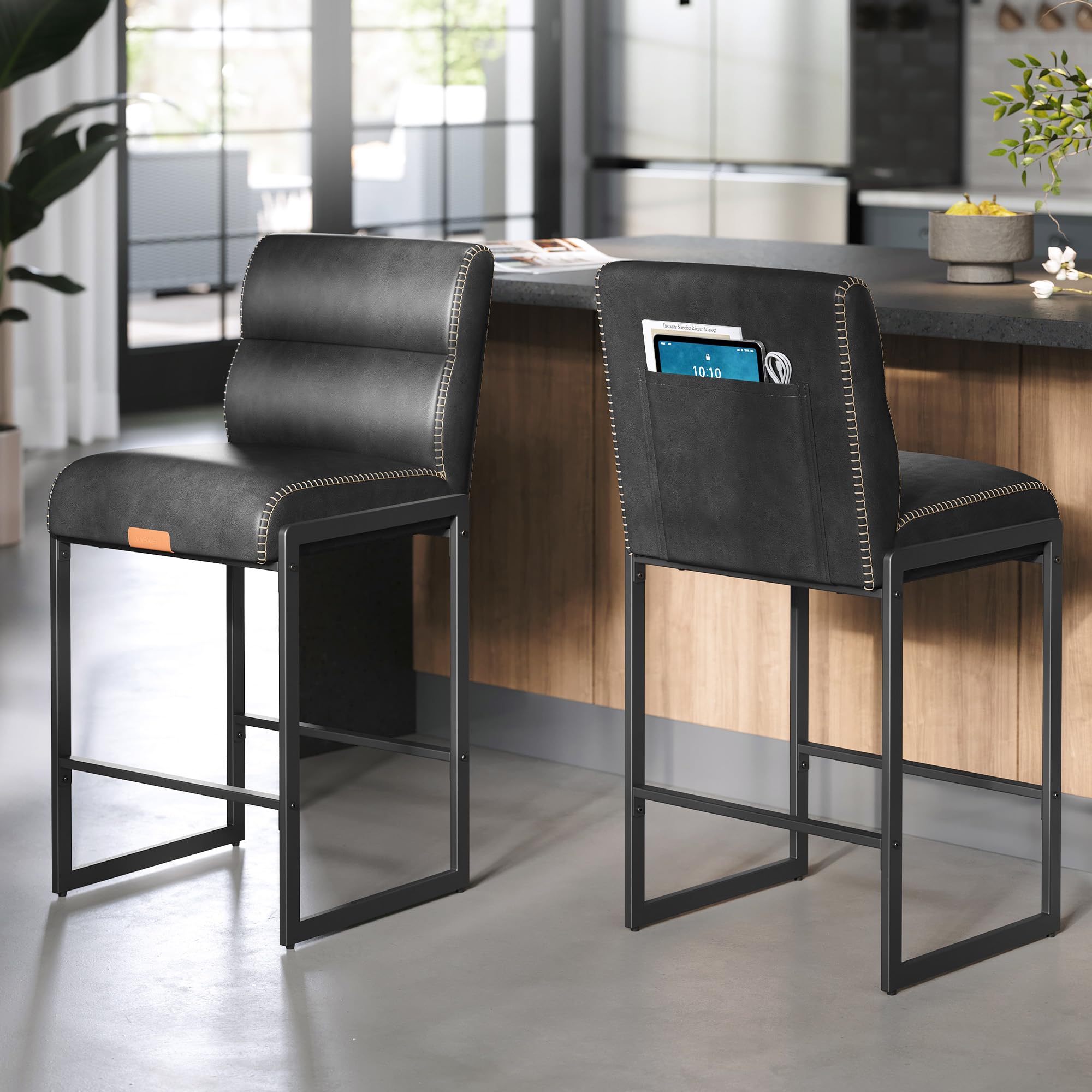 VASAGLE EKHO Collection - Bar Stools Set of 2, Counter Height Stools with Backs, 26.4-Inch Barstools Chairs, Synthetic Leather w