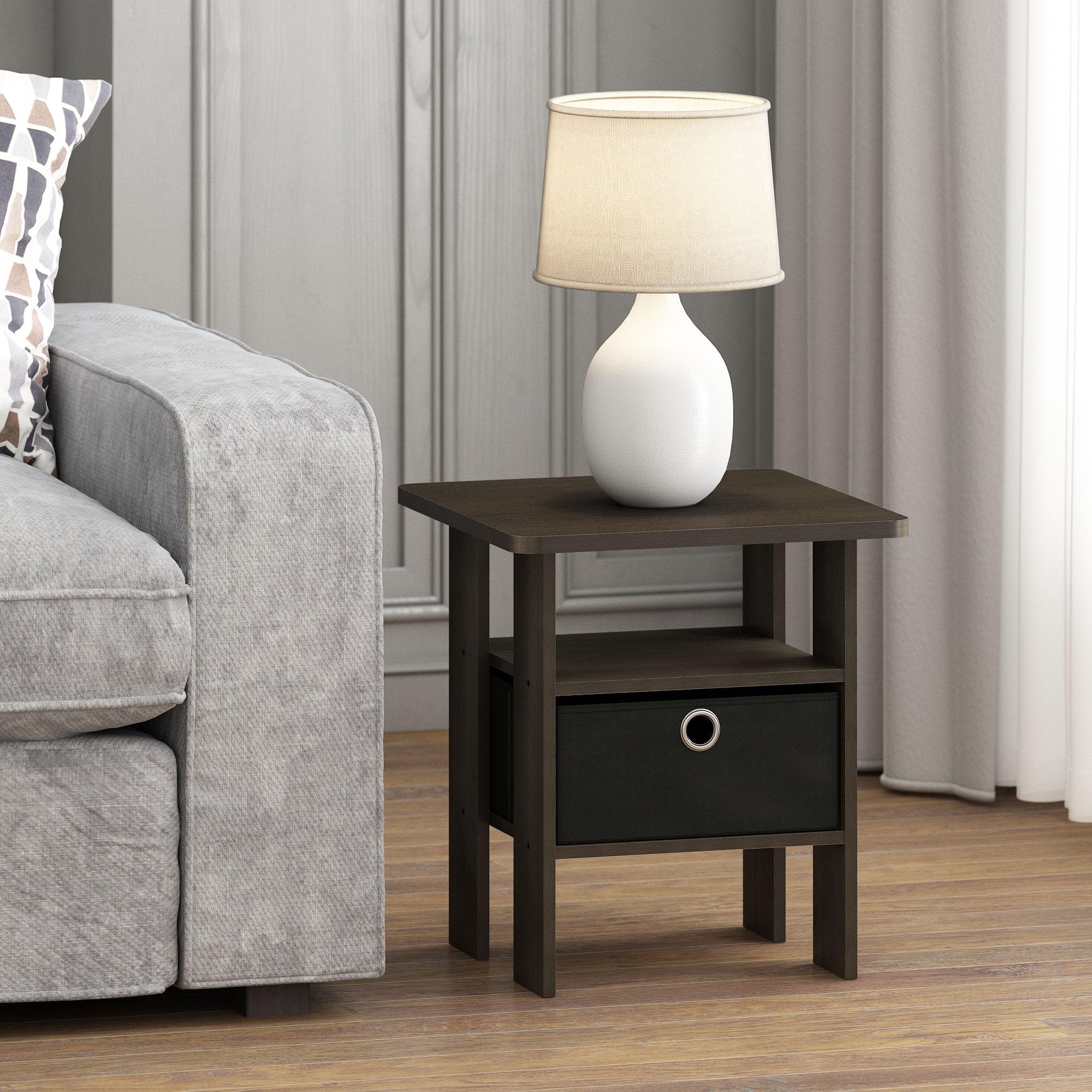 Furinno Andrey Set of 2 End Table / Side Table / Night Stand / Bedside Table with Bin Drawer, Dark Brown/Black