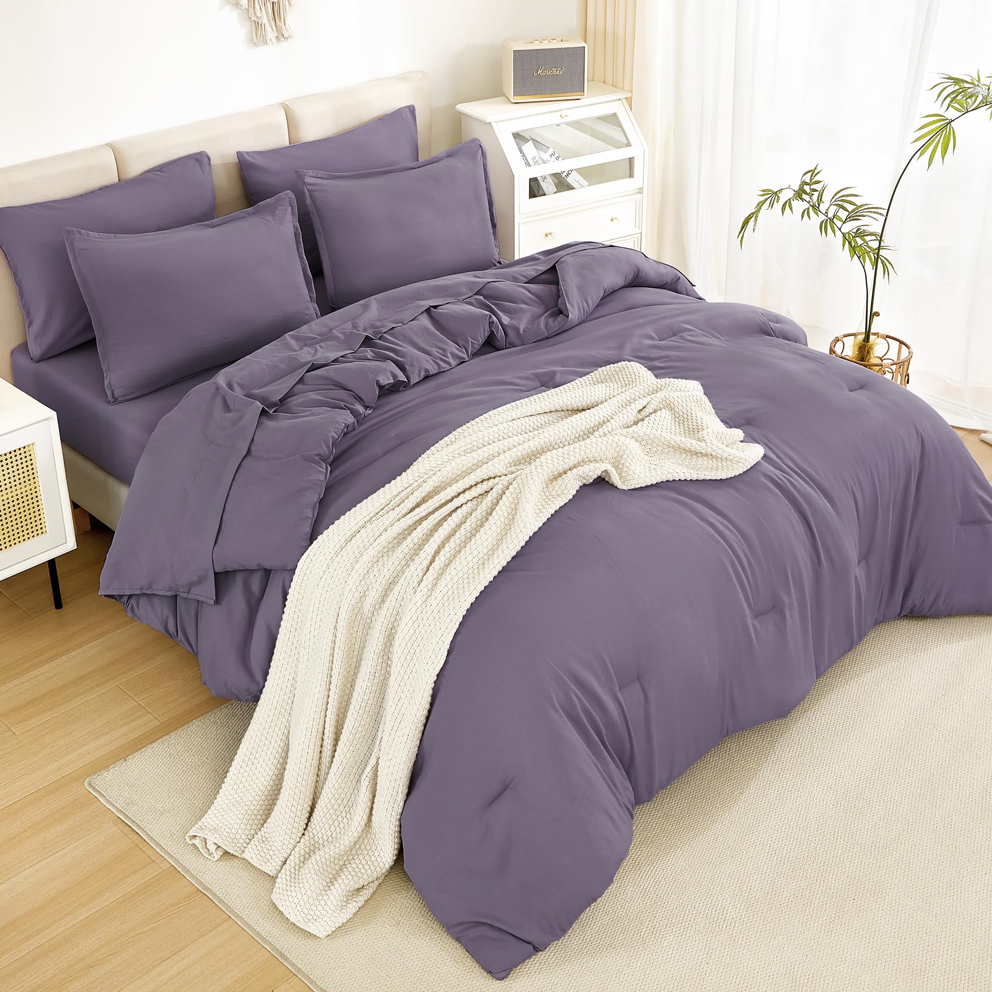 Litanika Queen Comforter Set Grey Purple - 7 Pieces Bed In A Bag Queen Beddding Comforter Sets, Solid Lightweight Bed Set With C