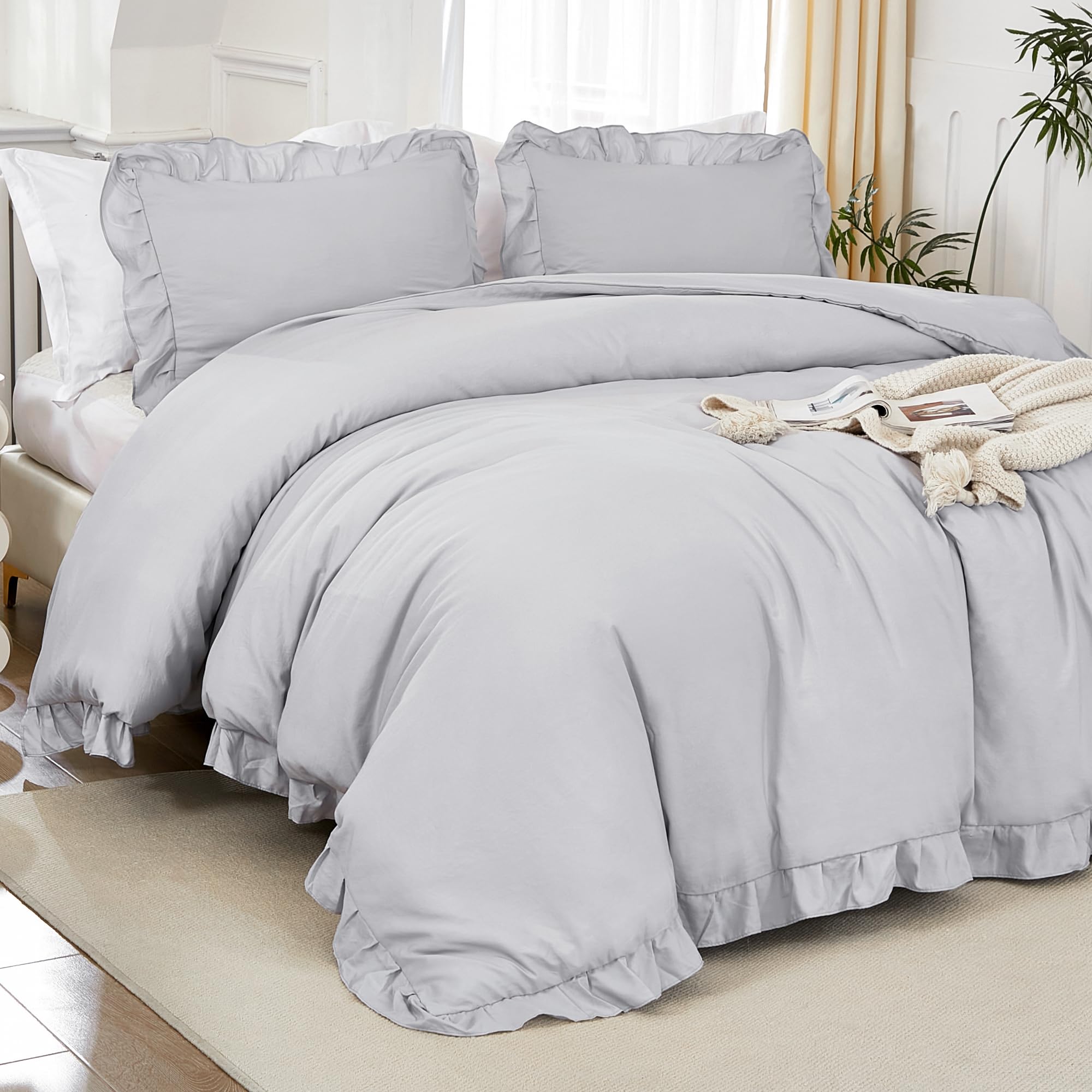 Litanika Light Grey Full Size Comforter Sets, 3 Pieces Ruffle Farmhouse Aesthetic Bedding Comforter Sets, All Season Soft Lightw