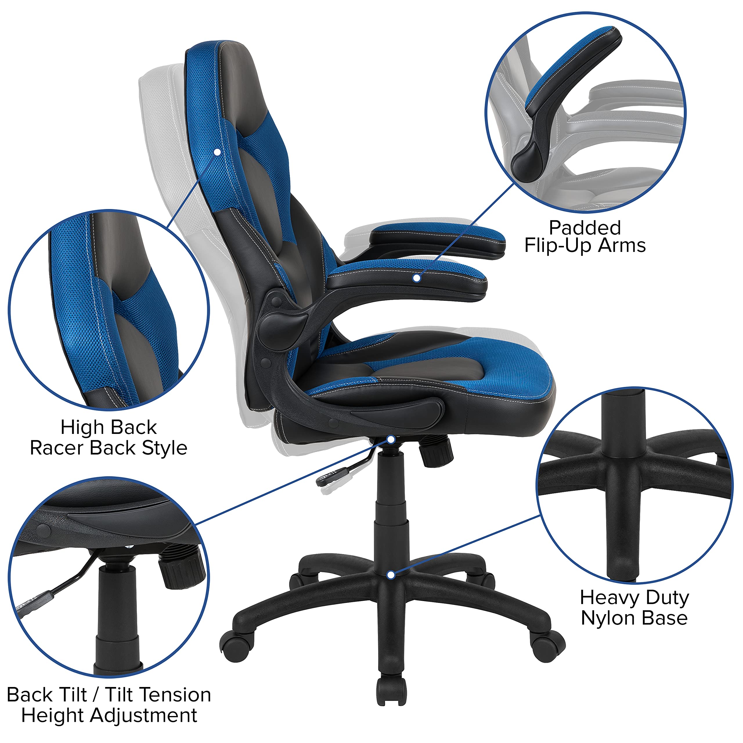 Flash Furniture Optis Black Gaming Desk and Blue and Black Racing Chair Set with Cup Holder, Headphone Hook & 2 Wire Management Holes