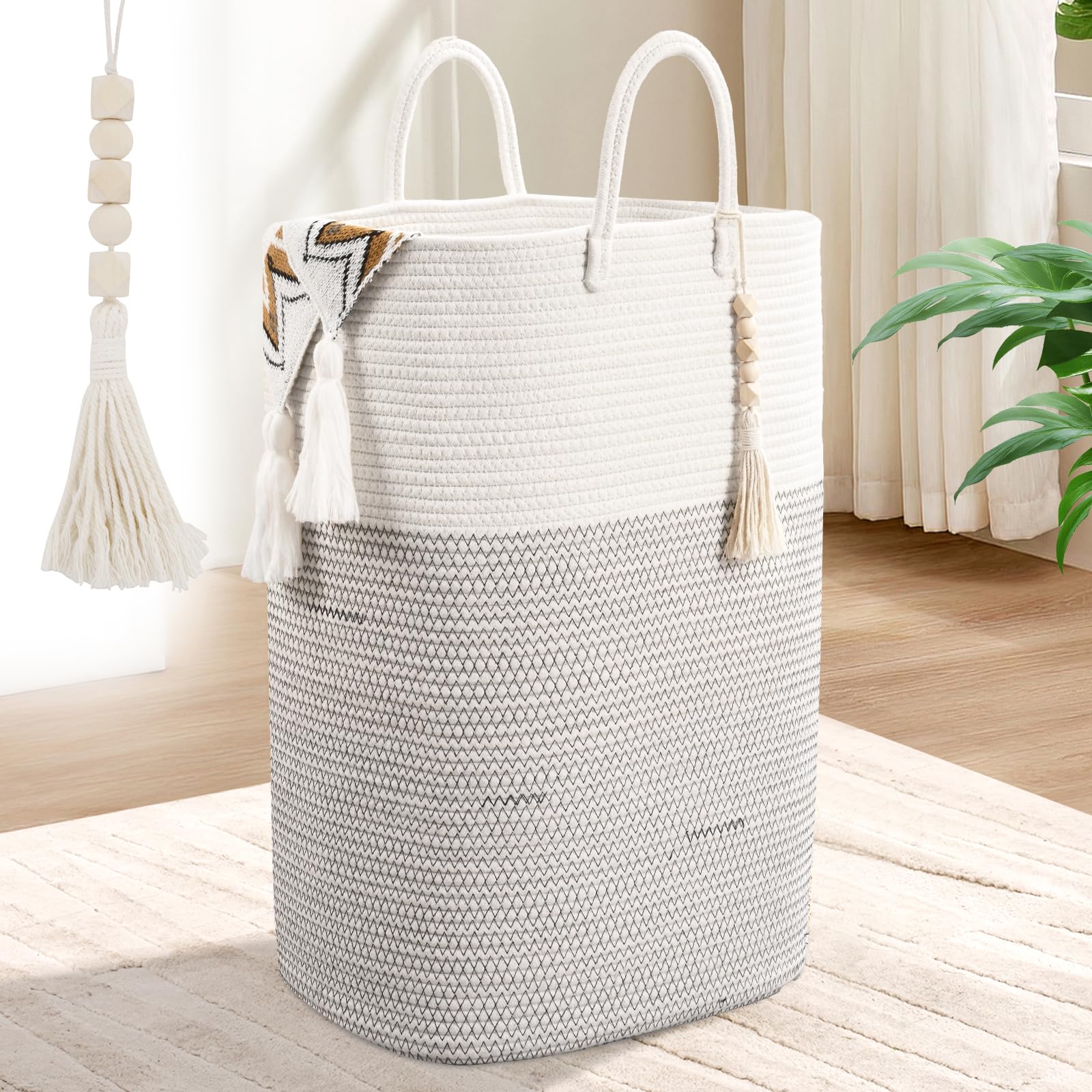 Woven Laundry Basket for Clothes, 80L Large Rectangle Laundry Hampers with Beads Tassel, Nursery Storage Basket for Toys, Tall D