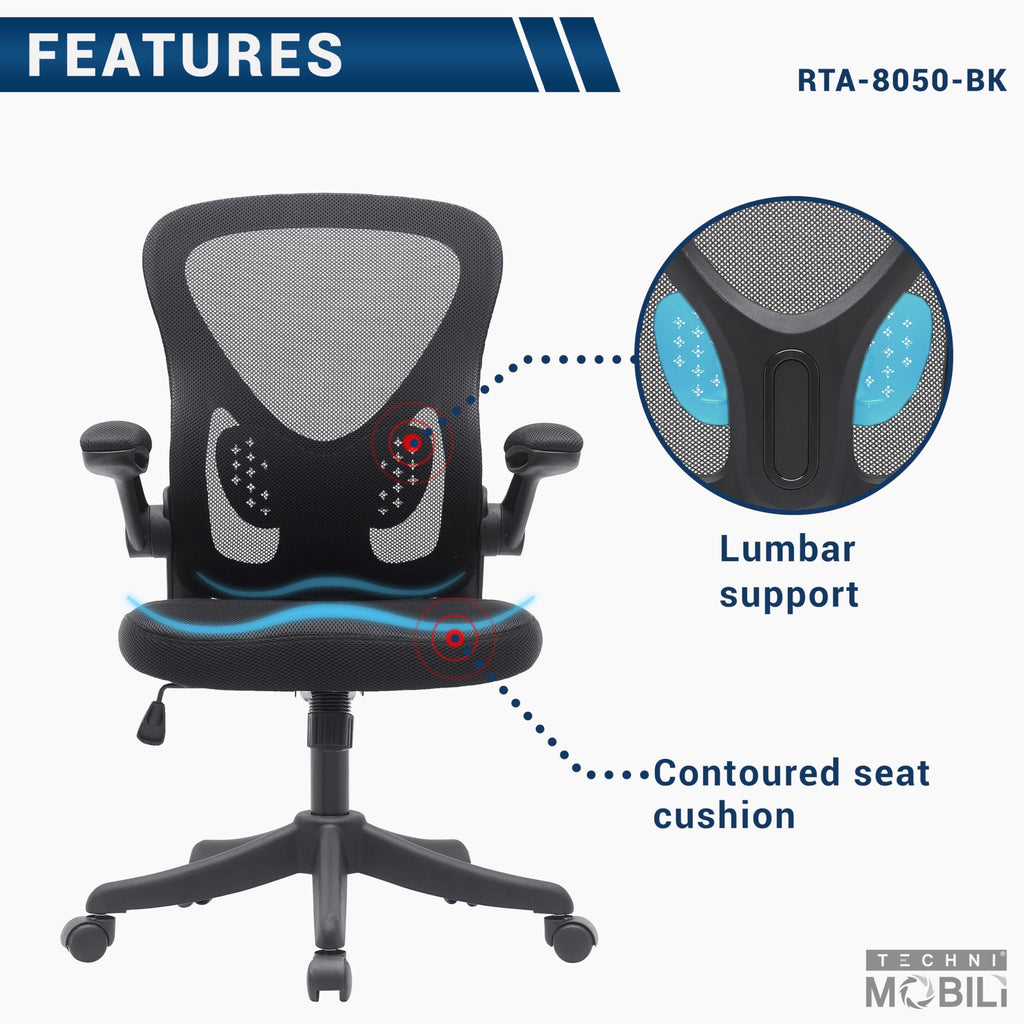 Techni Mobili Mesh Task Office Chair With Flip Up Arms. Color: Black, Mid-Back