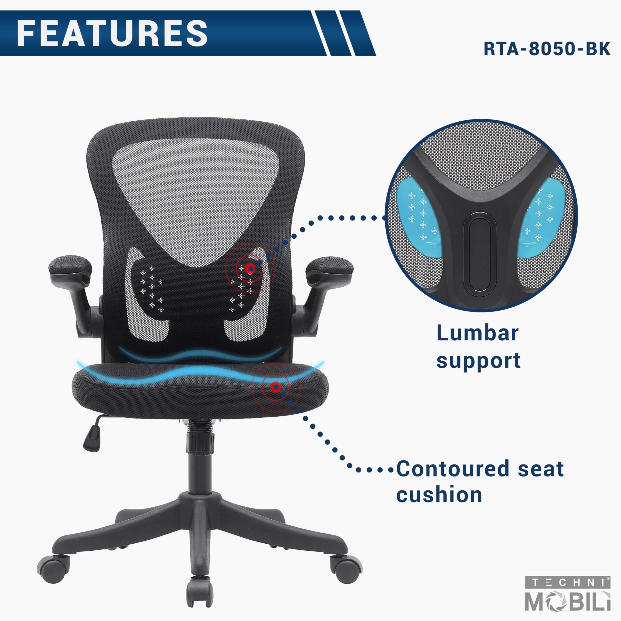Techni Mobili Mesh Task Office Chair With Flip Up Arms. Color: Black, Mid-Back