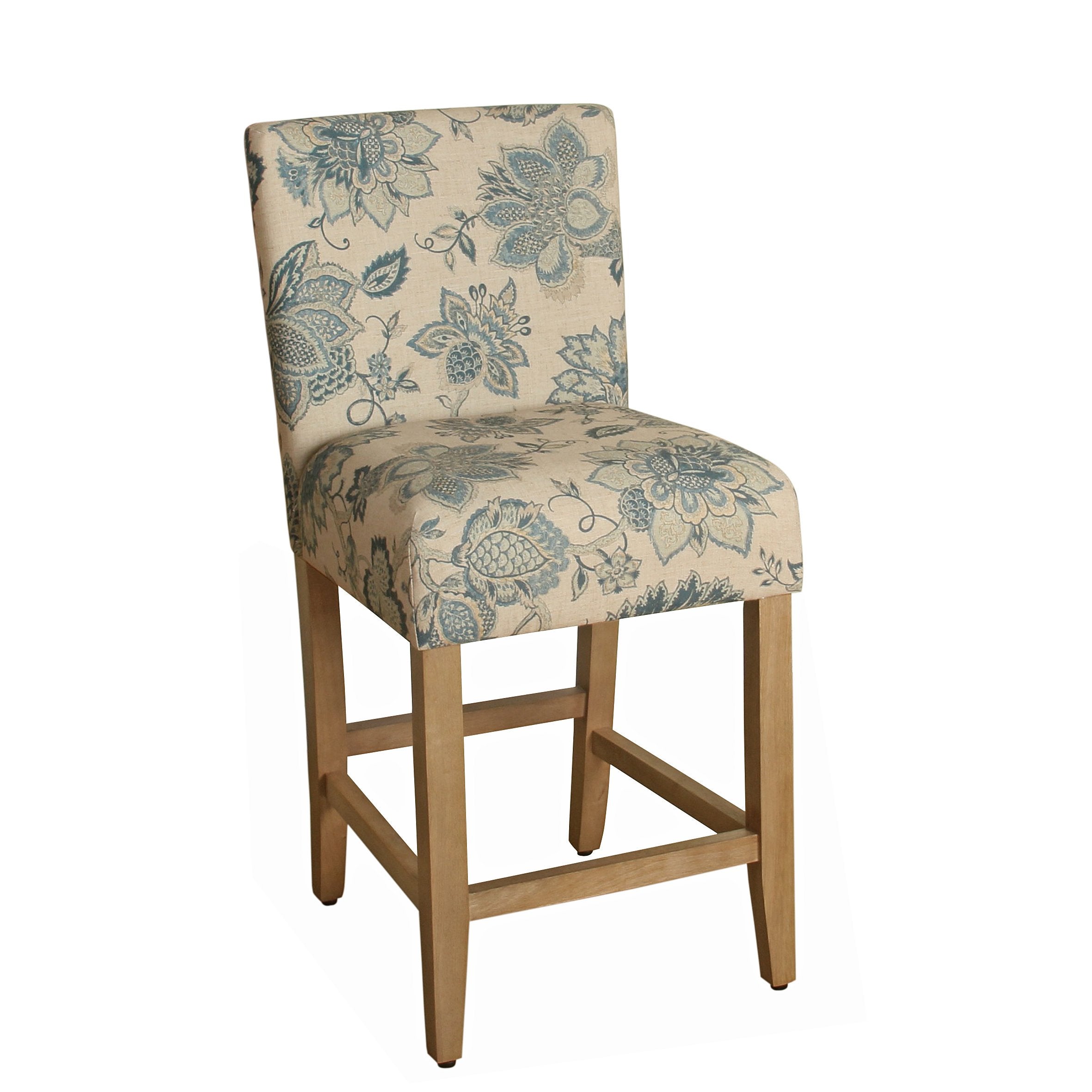 HomePop Upholstered Counter Height Barstool, 24-inch, Blue and Tan Jacobean