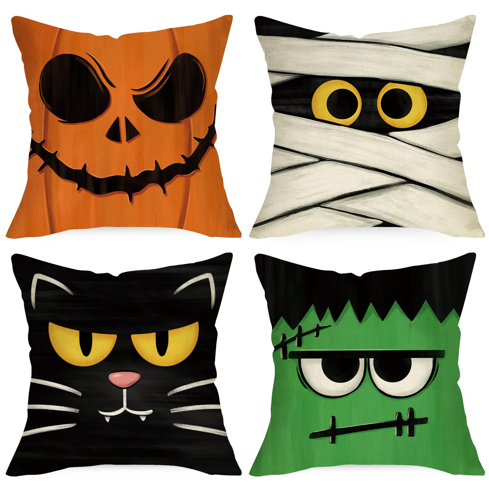 Ussap Halloween Jack O Lantern Decorative Throw Pillow Covers 16 x 16 Set of 4, Spooky Face Mummy Black Cat Fran.kens-tein Cushi