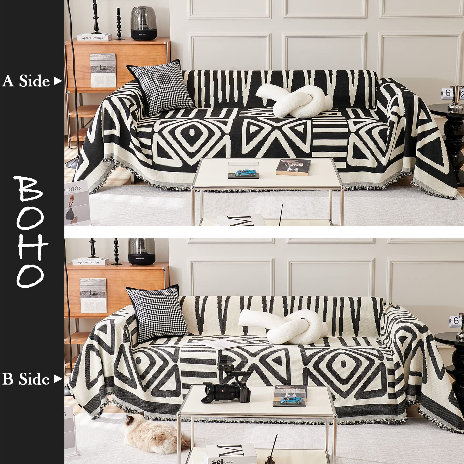 Handontime Boho Sofa Covers For Dogs Black Couch Sofa Covers For 3 Cushion Couch Sofa Beige Chenille Sofa Slipcover Couch Covers For Sectional L Shaped Couch Pets Protector Furniture Covers, 91' X118'