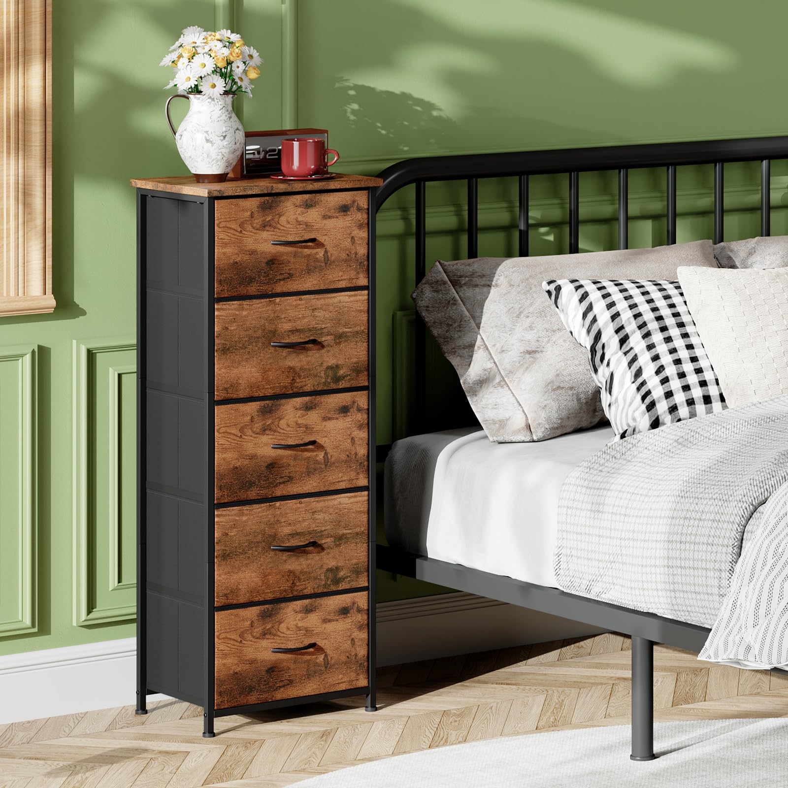 Somdot Tall Dresser For Bedroom With 5 Drawers, Storage Organizer Chest Of Drawers With Removable Fabric Bins For Closet Bedside Nursery Laundry Living Room Entryway Hallway, Wood Grain Print
