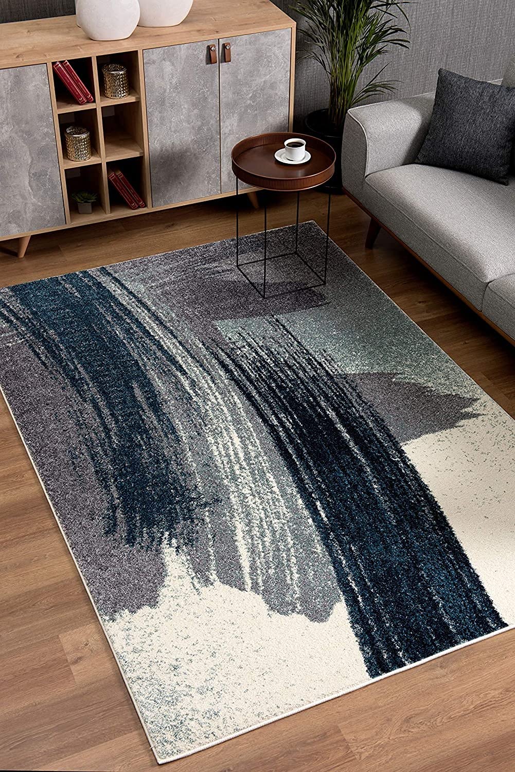 HomeRoots White Blue 100% Twisted Polyester 7â€ x 9â€ White and Blue Abstract Strokes Area Rug