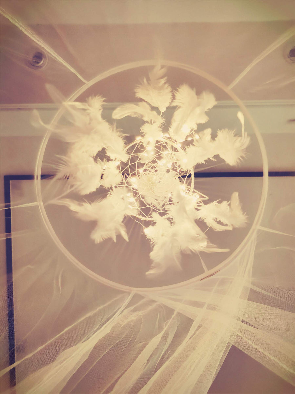 Bed Canopy With Double Circle White Feather Dream Catcher And 50 Led Fairy String Lights, Mosquito Net - Unique Style Dome Bed N