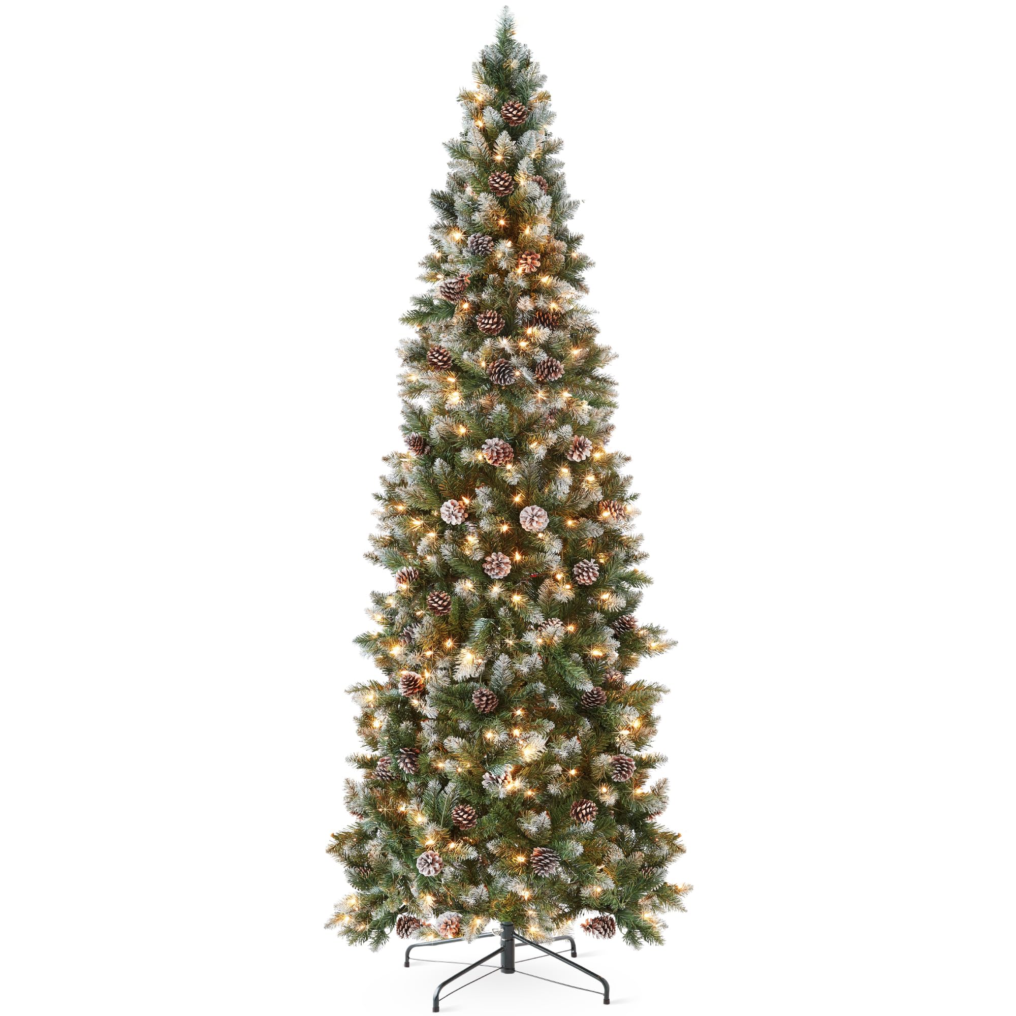Best Choice Products 7.5ft Pre-lit Pencil Christmas Tree, Partially Flocked & Frosted Slim Holiday Tree Decoration, Skinny Xmas 