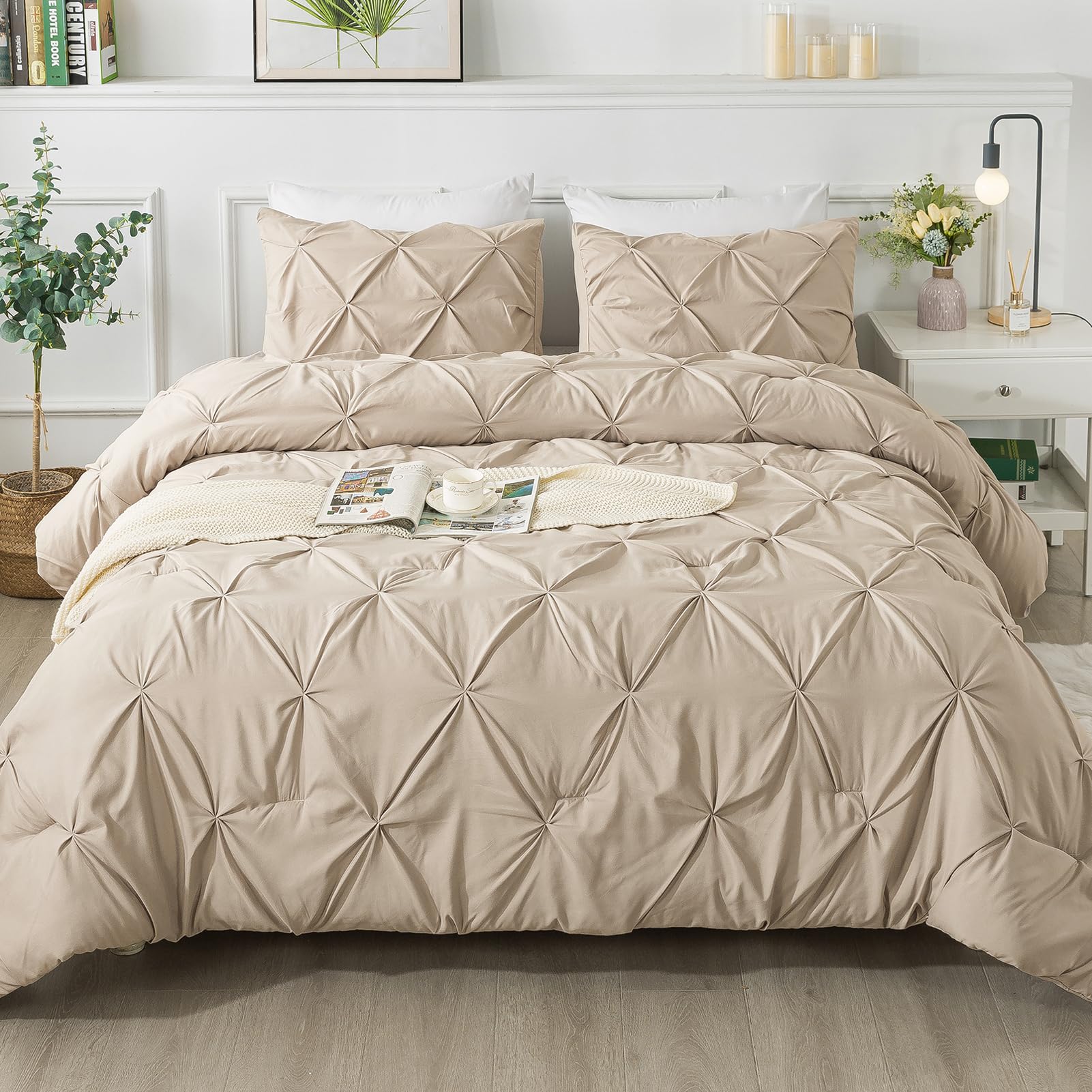 Andency California King Comforter Set Khaki (104X96Inch), Pinch Pleat Cal King Comforter Set 3 Pieces, Oversized King Pintuck Bed Comforter, Microfiber Down Alternative Comforter Bedding Set