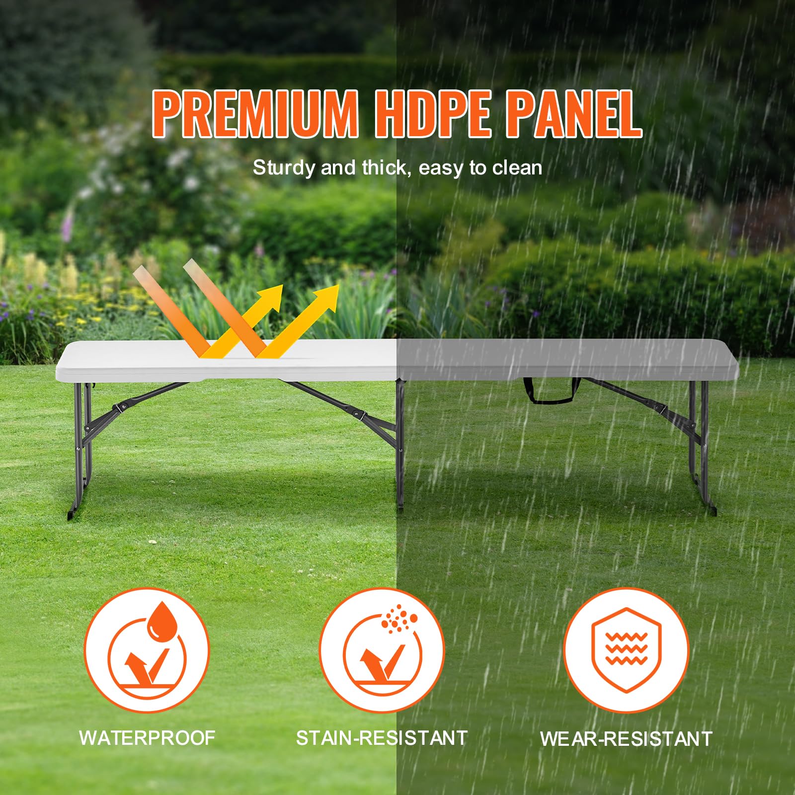 VEVOR Plastic Folding Bench, 6 FT Portable Folding Bench, Smooth HDPE Waterproof Outdoor Bench, Picnic Camping Dining Seat with Carrying Handle, for Garden Soccer Entertaining Activity, White (2 Pack)