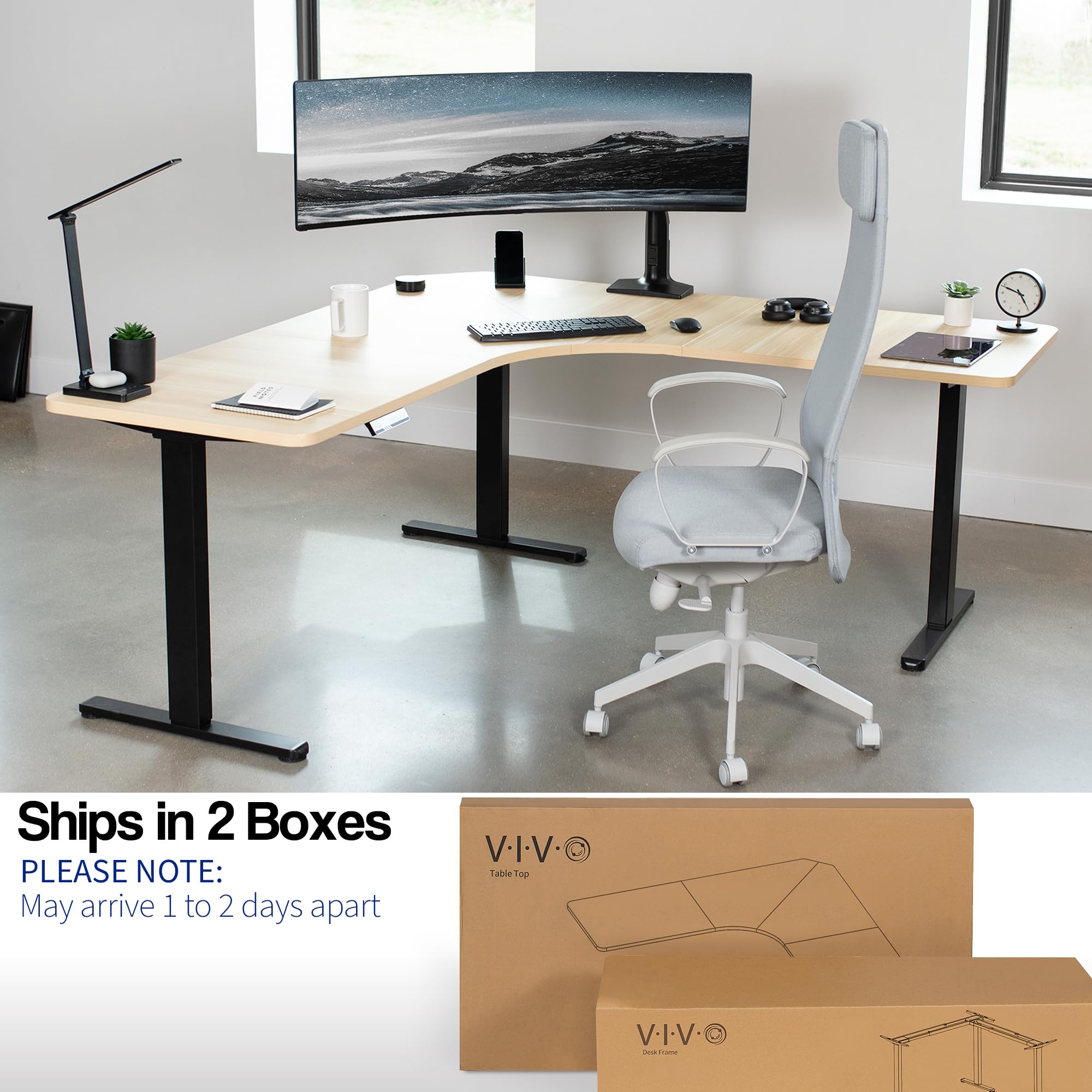 Vivo Electric Height Adjustable 71 X 71 Inch Curved Corner Stand Up Desk, Light Wood Table Top, Black Frame, Memory Controller, L-Shaped Workstation, E3C Series, Desk-Kit-E3Cbc