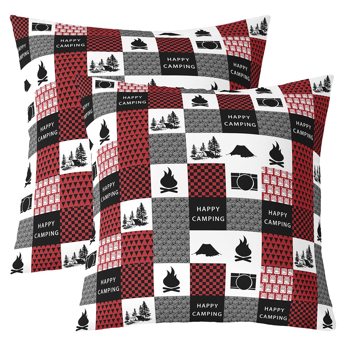 Camper Throw Pillow Covers 16x16 Set of 2 Soft Happy Camping Throw Pillowcases Vintage Wood Grain Fire Print Pillow Cases Cushio