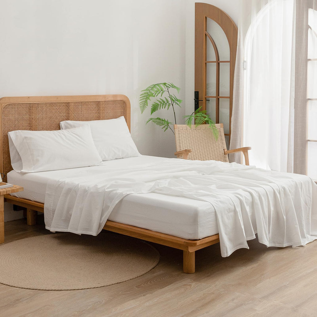 Bestouch Sheet Set 100% Washed Cotton Linen Feel Super Soft Comfortable Chic Lightweight 3 Pcs Home Bedding Set Solid Off White