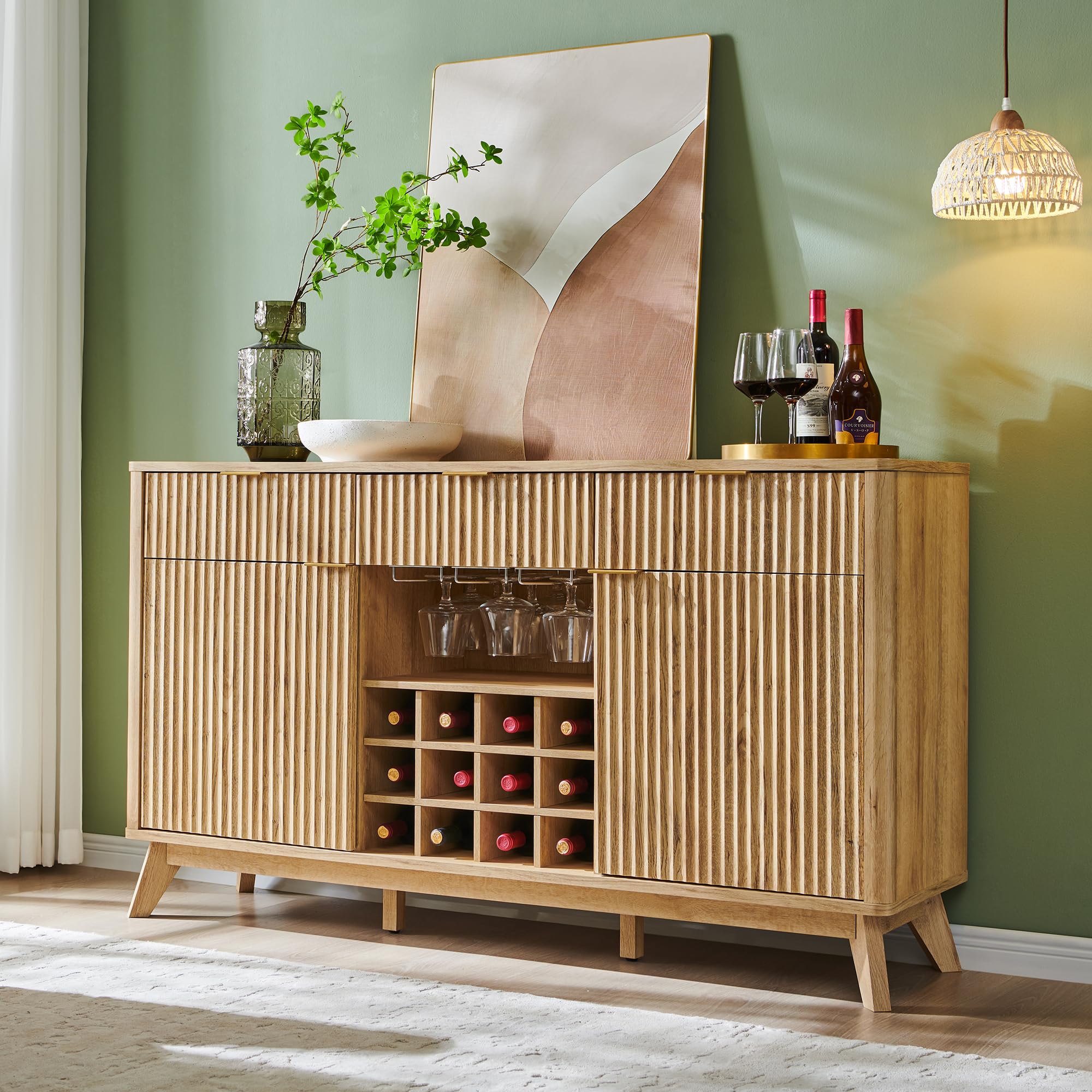 Okd Fluted Wine Bar Cabinet For Liquor, 60 ' Modern Coffee Bar Cabinet W/Wine & Glass Rack, Large Buffet Sideboard W/ 3 Storage