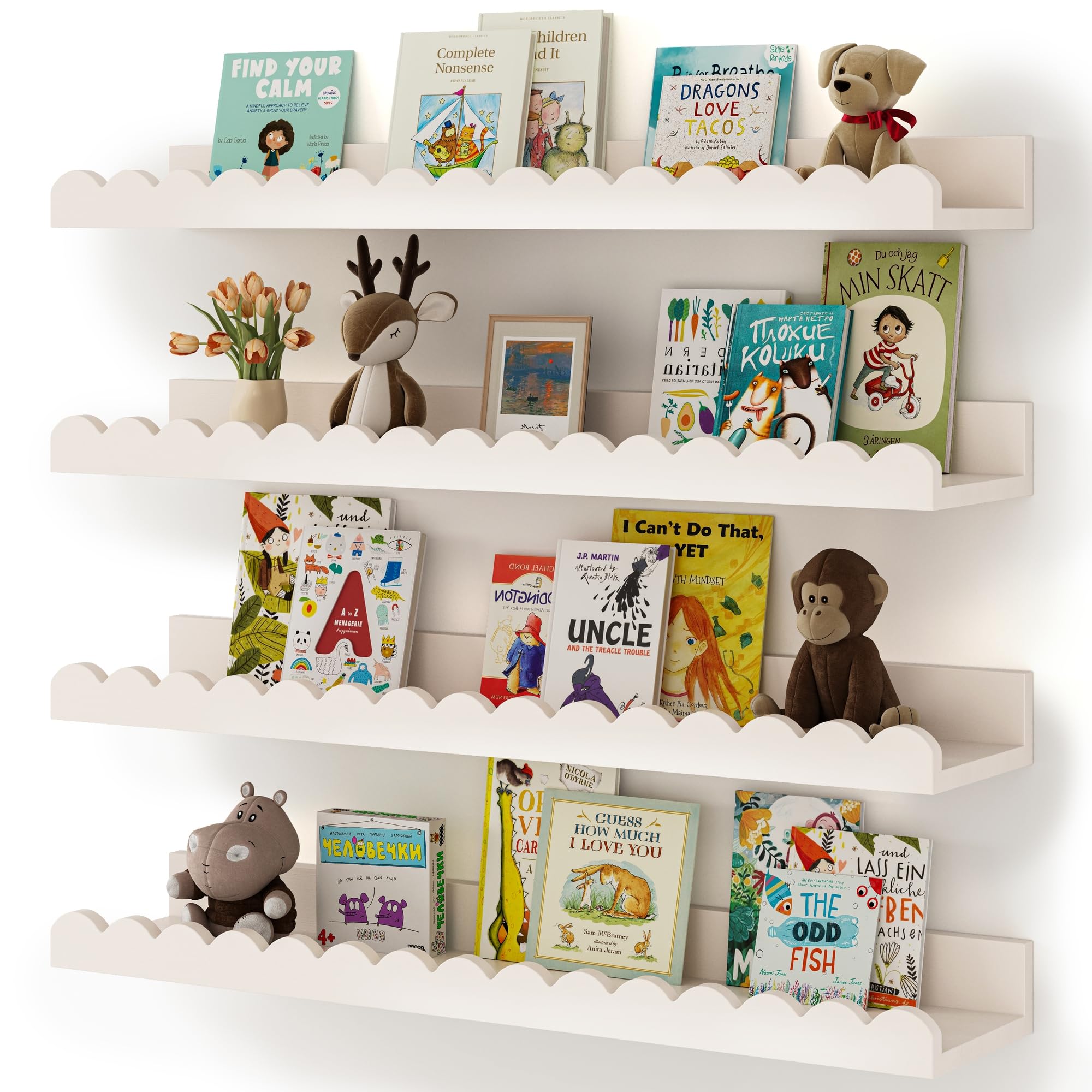 Nursery Book Shelves, 4-Pack White Floating Shelves for Wall Kids, Scalloped Shelves, Wall Book Shelves for Bedroom Kids, Toddle