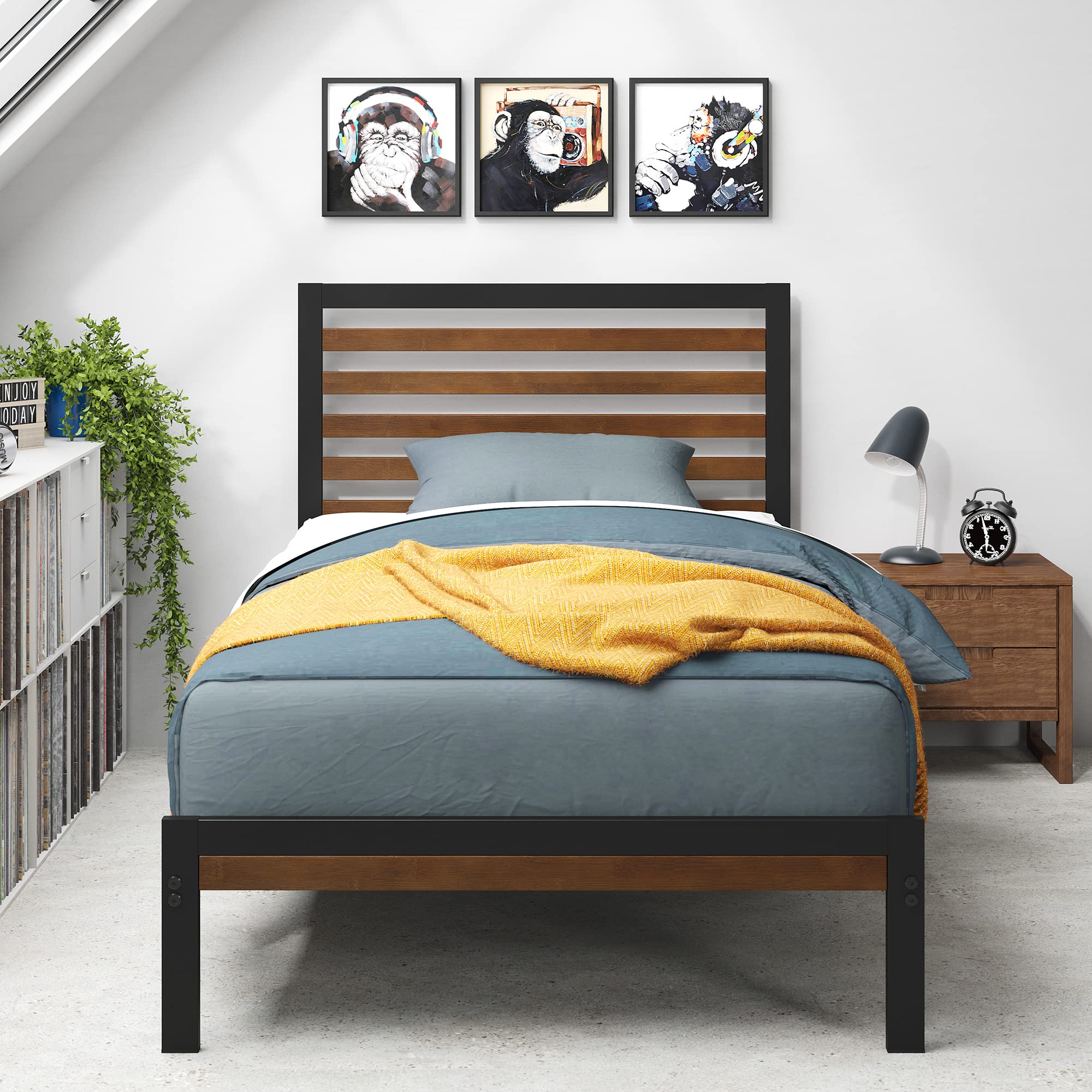 Zinus Kai Bamboo And Metal Platform Bed Frame With Headboard, No Box Spring Needed, Easy Assembly, Twin, Brown