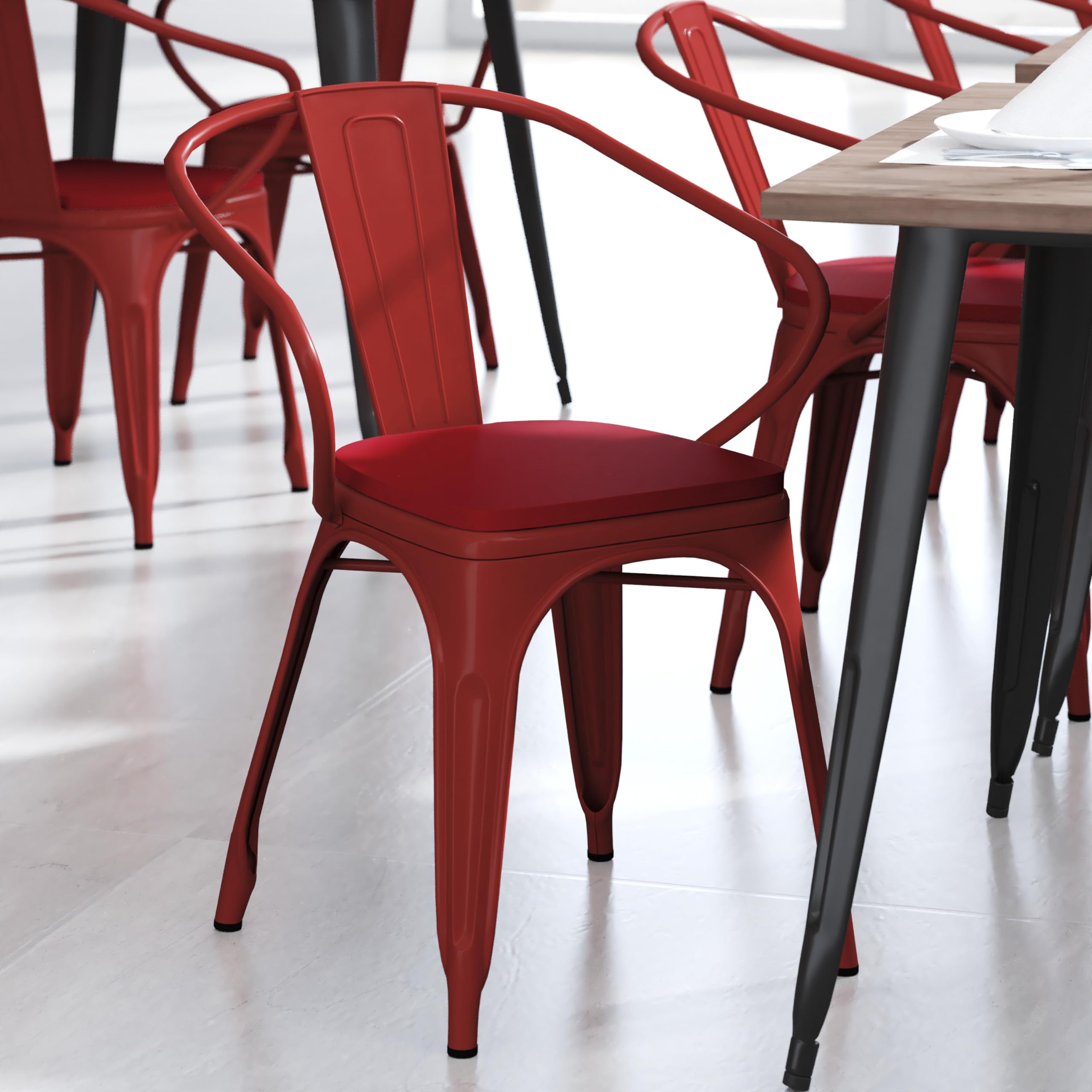 Flash Furniture Luna Commercial Grade Indoor-Outdoor Stack Chair with Arms - Red Metal Frame - Red All-Weather Polystyrene Seat - Vertical Slat Back