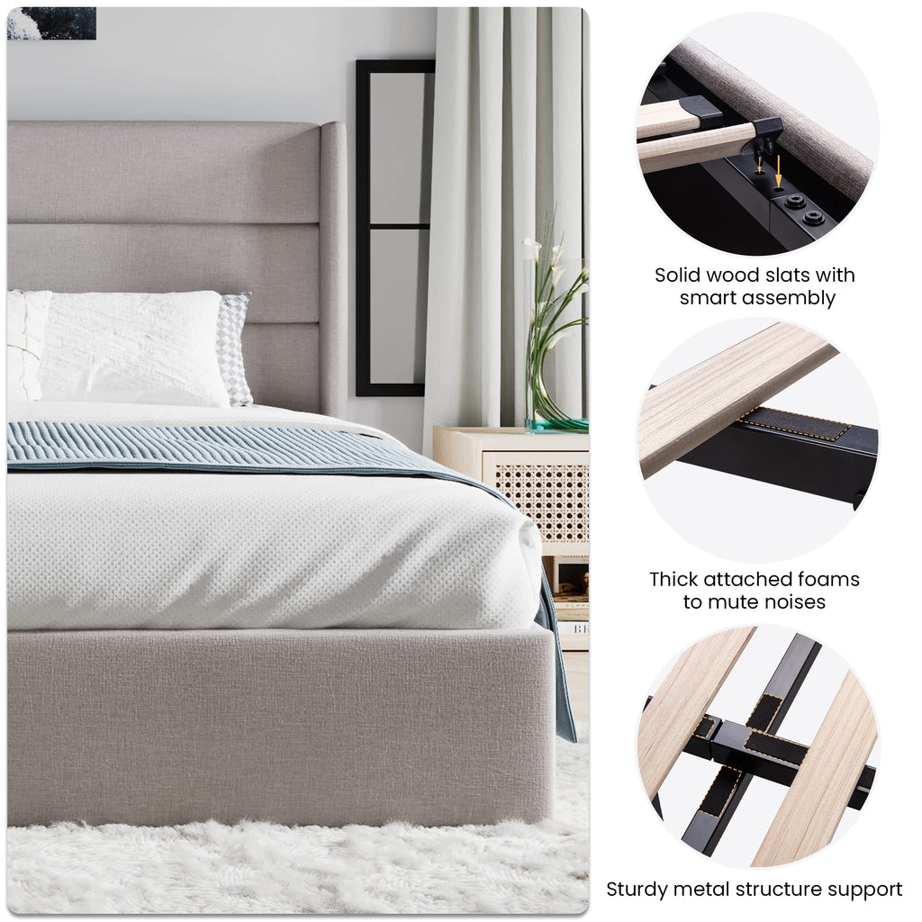 Sha Cerlin King Size Lift Up Storage Bed/Modern Wingback Headboard/Upholstered Platform Bed Frame/Hydraulic Storage/No Box Spring Needed/Wood Slats Support/Light Beige