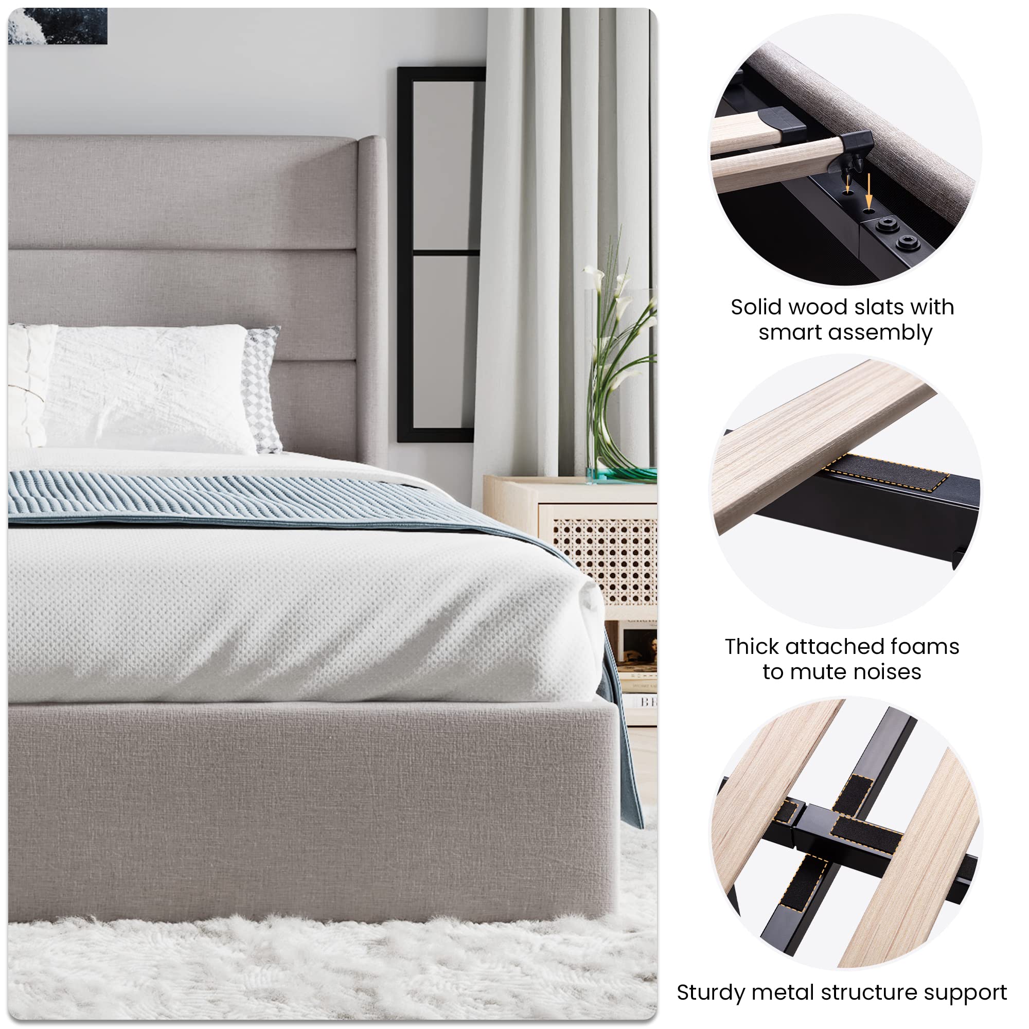 Sha Cerlin King Size Lift Up Storage Bed/Modern Wingback Headboard/Upholstered Platform Bed Frame/Hydraulic Storage/No Box Spring Needed/Wood Slats Support/Light Beige