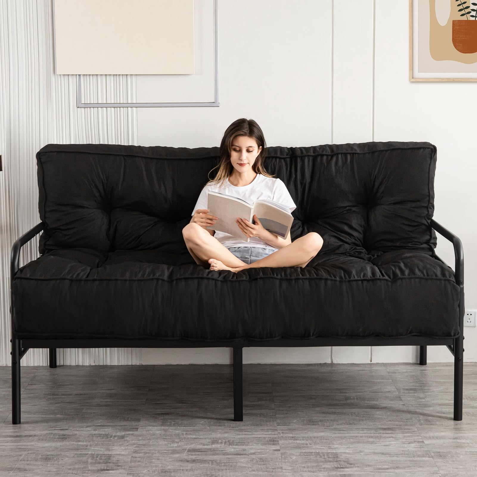 YOSHOOT Full Size Futon Mattress, 8 Inches Thick, Shredded Foam Filling, Medium Firm, Black, 54"x75"