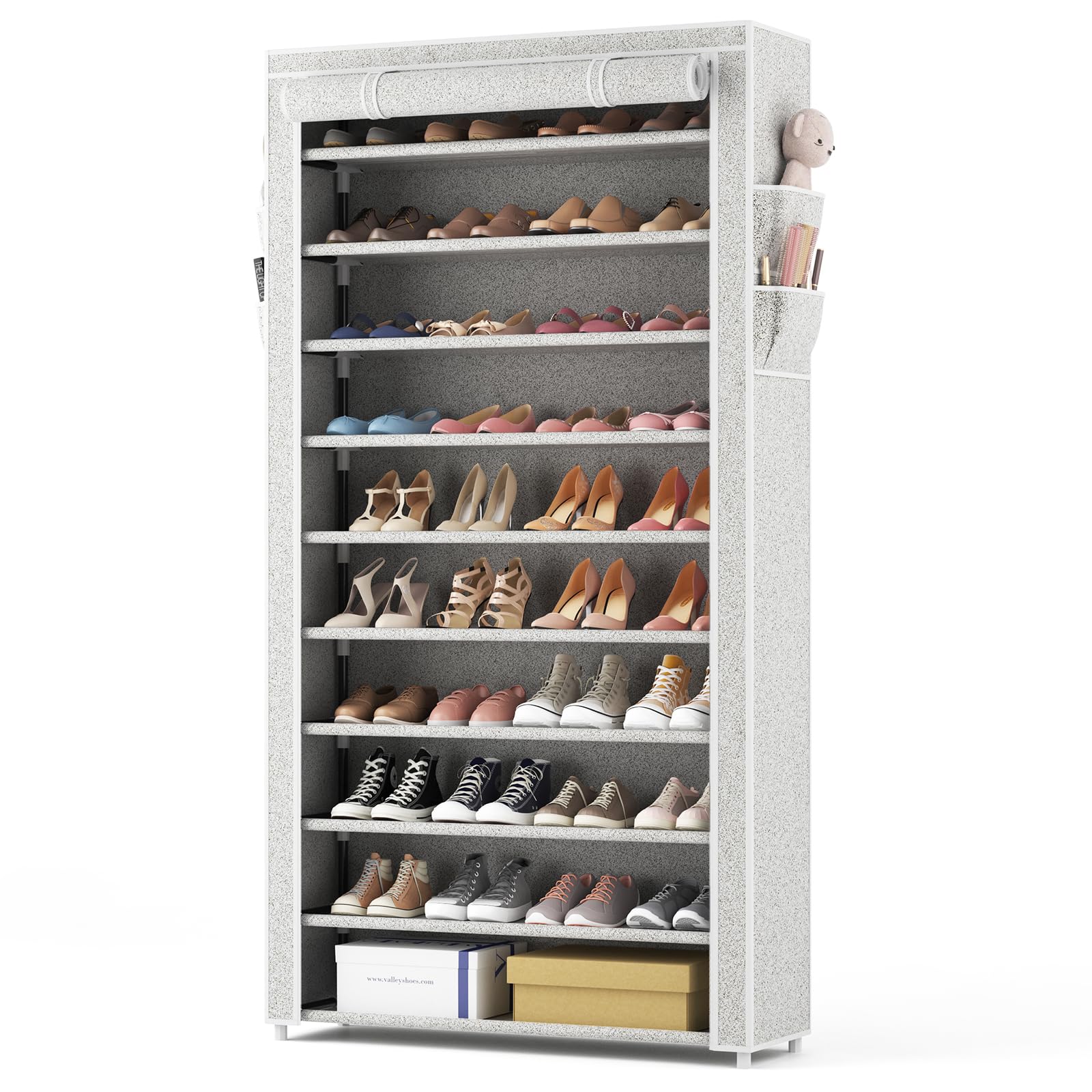 Rojasop 10 Tier Shoe Rack With Covers Large Capacity Stackable Tall Shoe Shelf Storage For 50-55 Pairs Shoe And Boot, Sturdy Free Standing Shoe Rack Organizer For Closet, Entryway, Bedroom